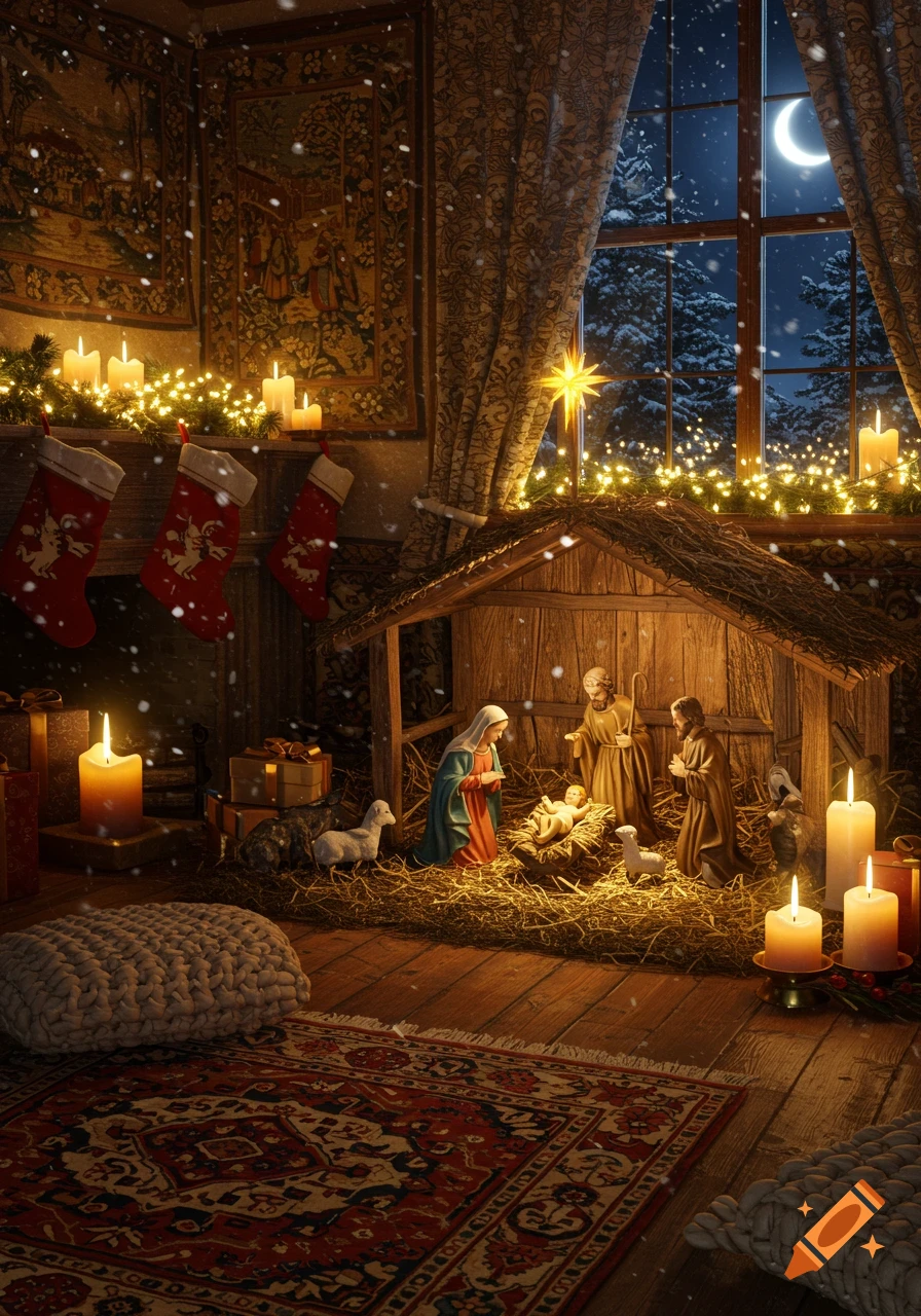 A cozy, photorealistic nativity scene with Mary, Joseph, and baby Jesus in a manger. Christmas decorations and snow falling outside.