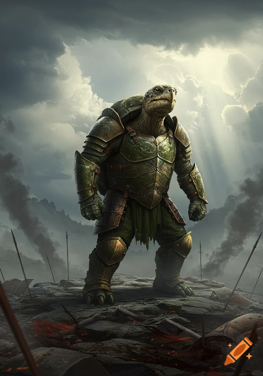 A large turtle warrior in green and brown medieval armor stands on a rocky battlefield under a dramatic, cloudy sky.