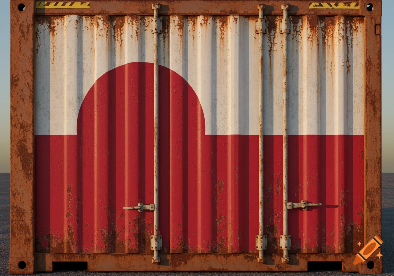 A close-up, photorealistic view of the side of an old, rusty shipping container painted with the Greenland flag.