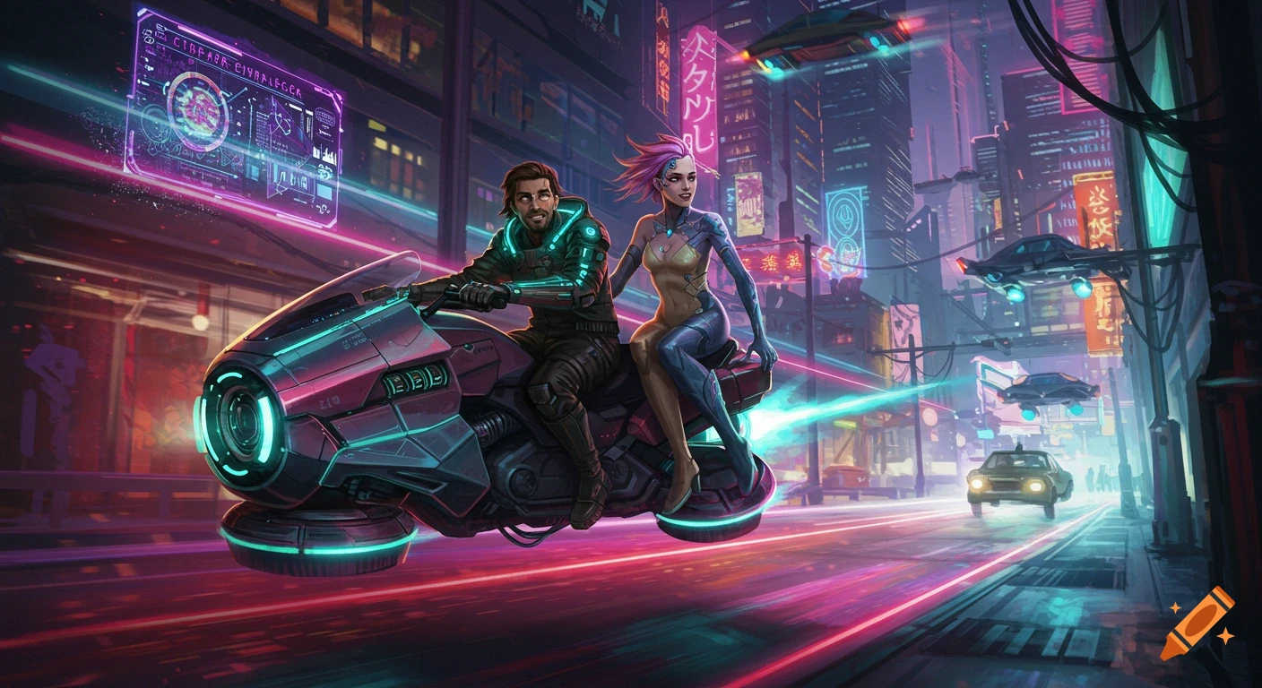 A man and a woman ride a glowing hoverbike through a neon-lit cyberpunk city at night.