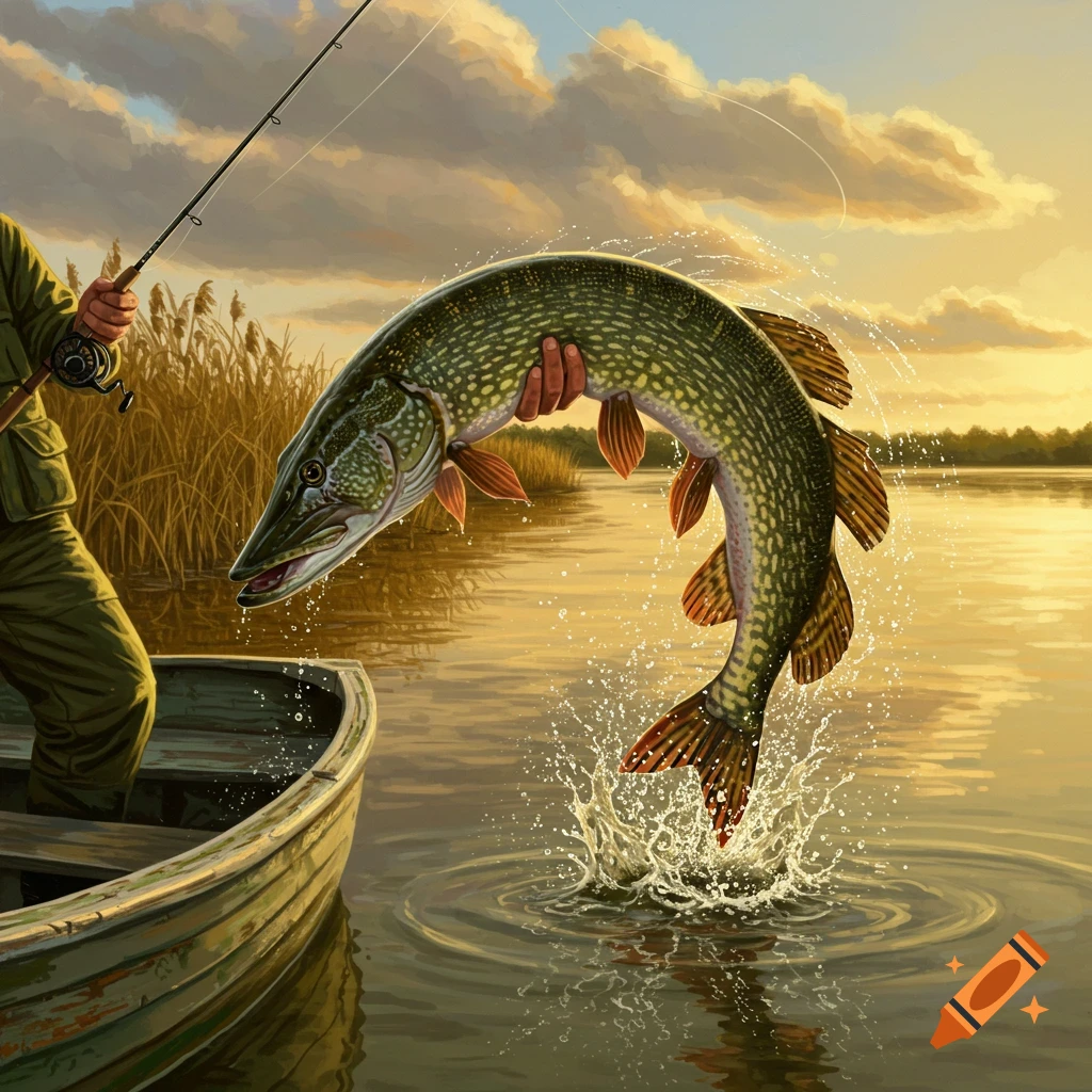 A fisherman in a boat reeling in a large pike jumping from a reedy lake at sunset.