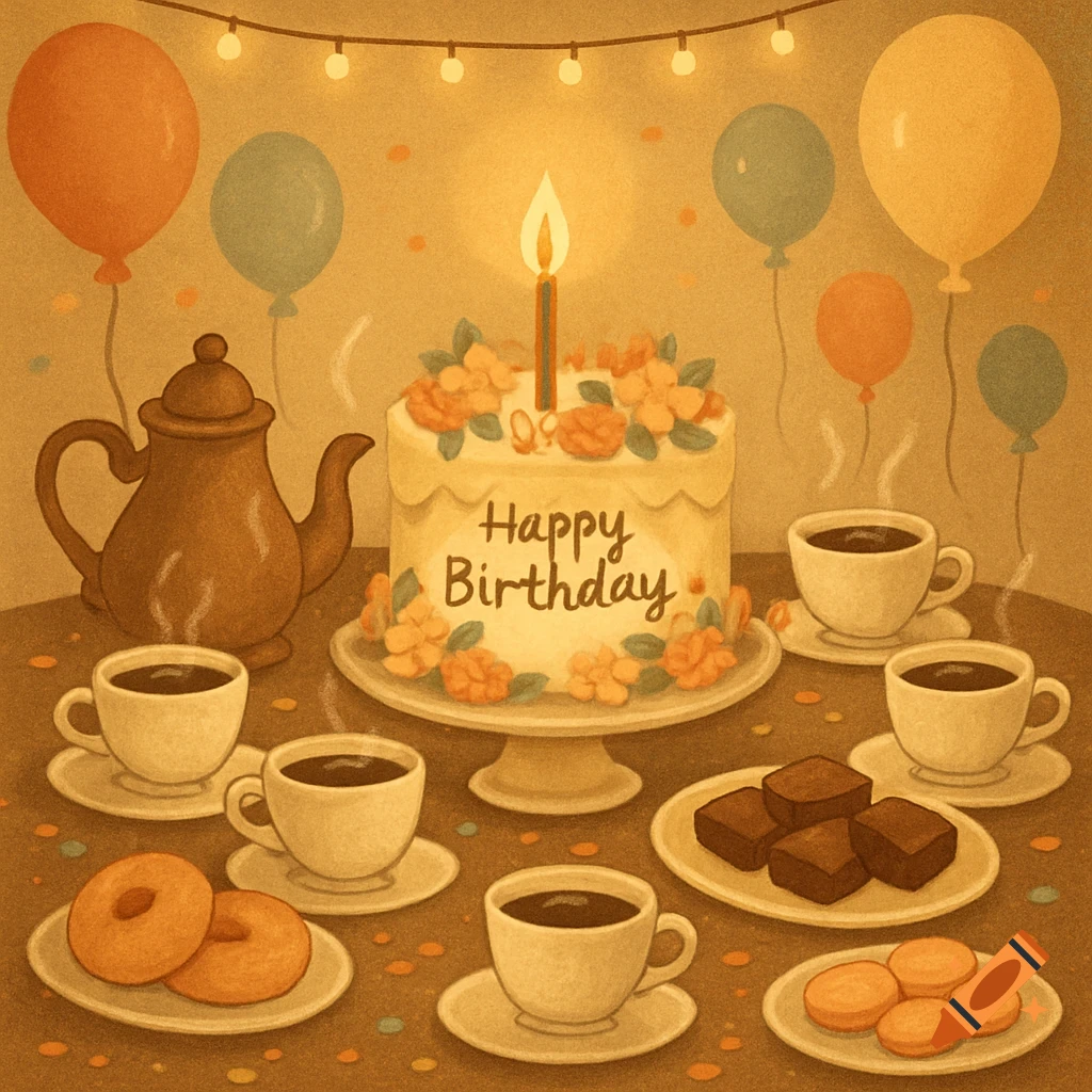 A warm, vintage-style illustration of a birthday spread with a cake, lit candle, 'Happy Birthday' text, coffee, donuts, and brownies, surrounded by balloons and string lights.
