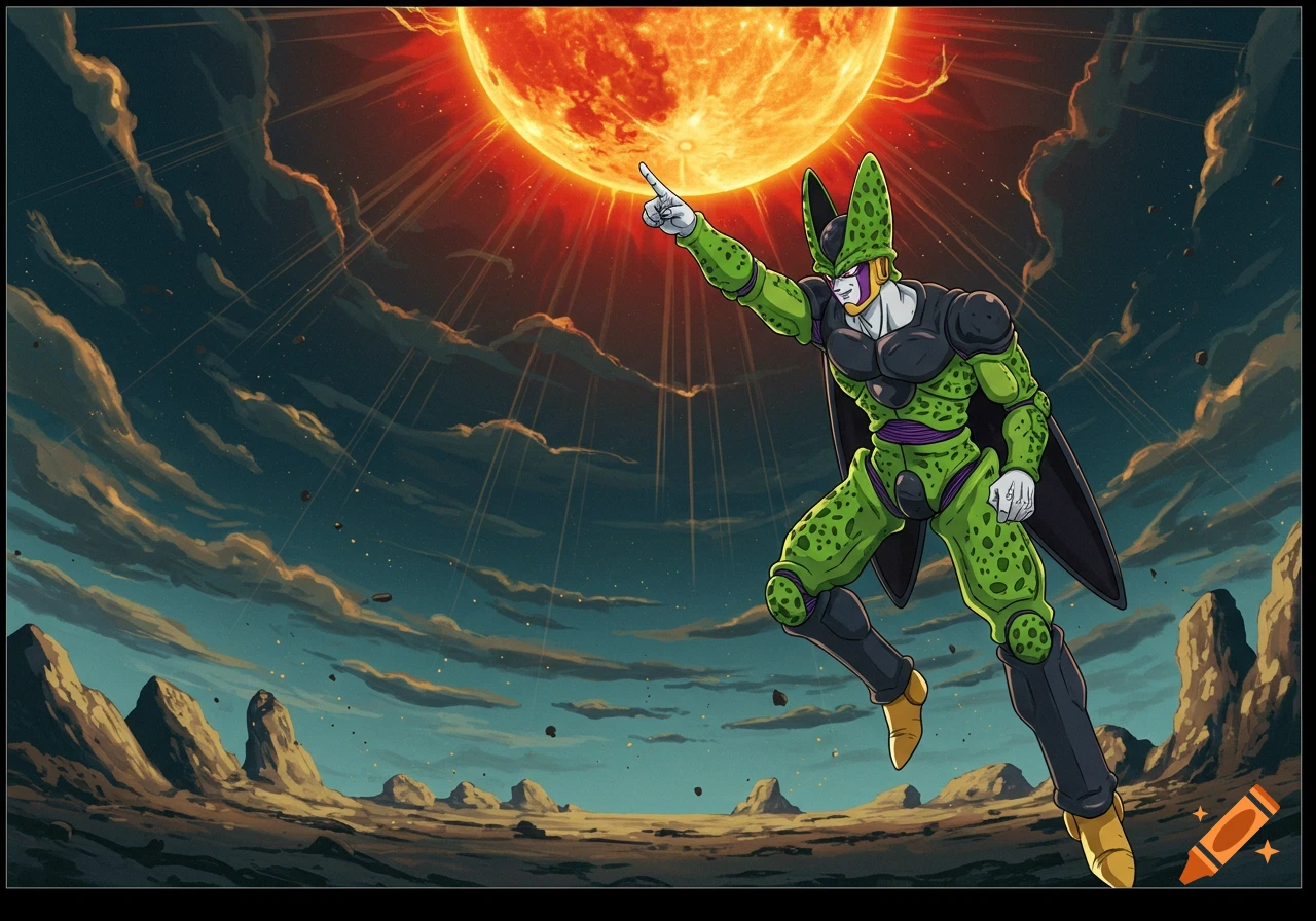 Perfect Cell from Dragon Ball Z flying in a desolate landscape, pointing up at a giant red sun, in 1990s anime style.
