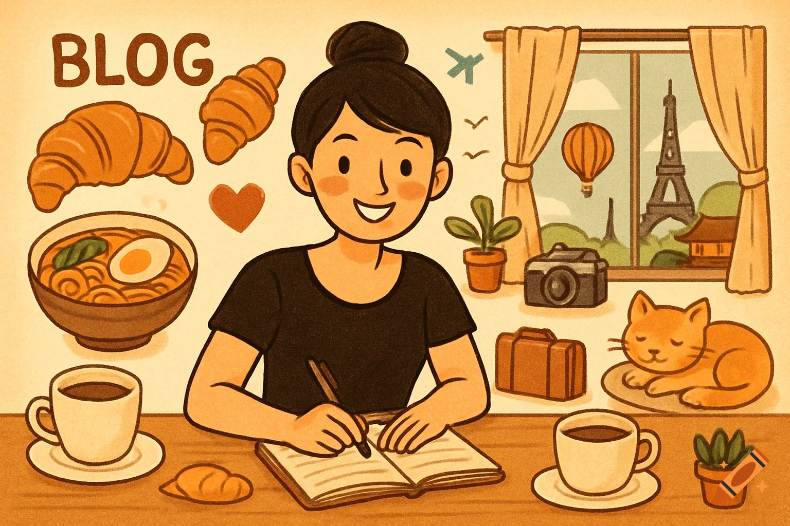 A cute illustration of a person writing in a journal, surrounded by ramen, croissants, coffee, a cat, and a window view of the Eiffel Tower.