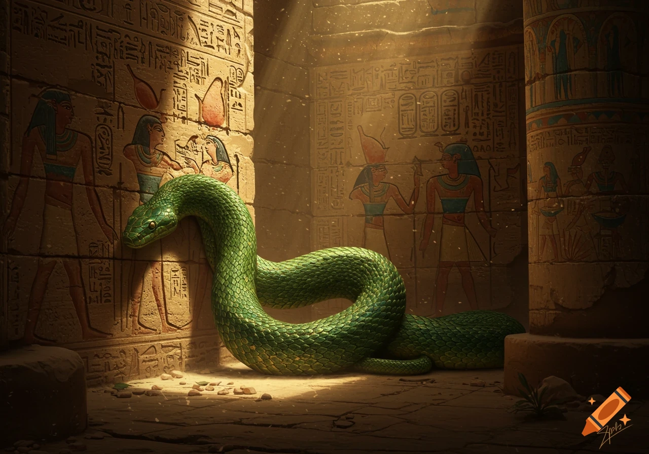 A giant green snake coils in an ancient Egyptian tomb, with hieroglyphics and painted figures on the stone walls, bathed in sunlight.
