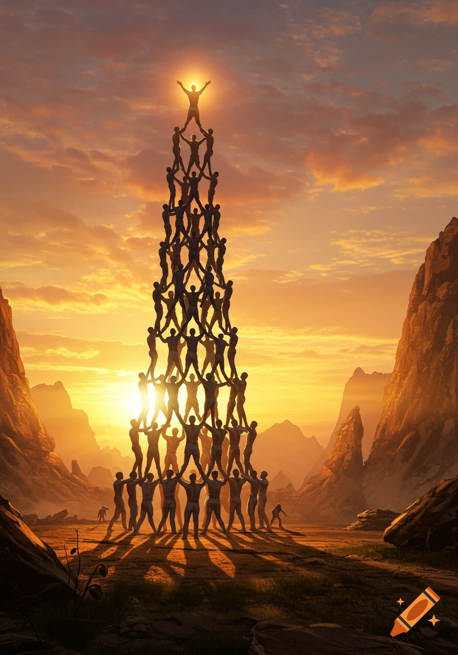 A dramatic human pyramid reaching towards a glowing sun at sunset in a barren, mountainous landscape.