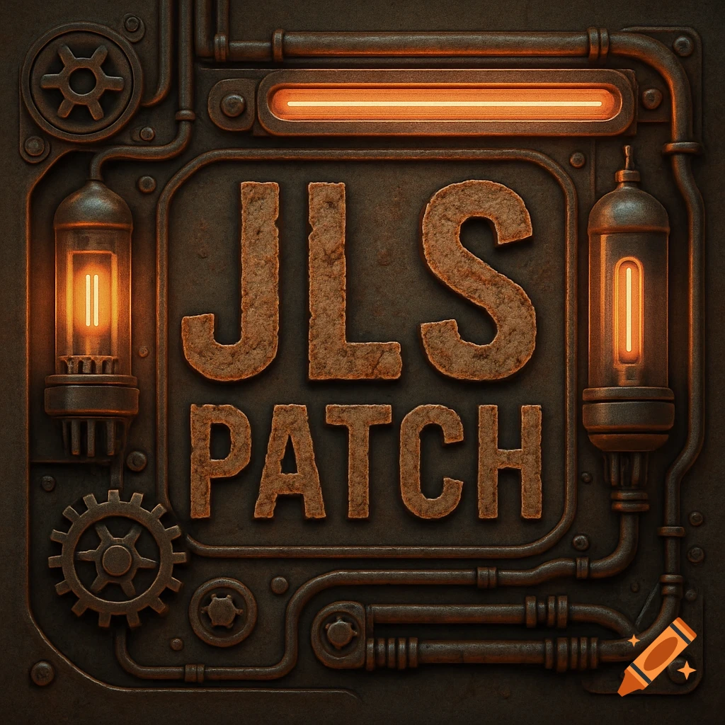 A steampunk-style metallic plaque with glowing tubes and the words 'JLS PATCH' embossed on it.