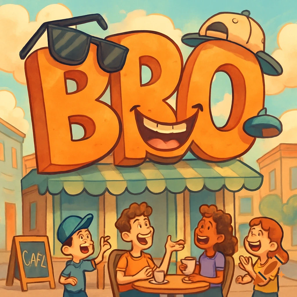 A cartoon scene with a large orange 3D text 'BRO' wearing sunglasses and a baseball cap, above a cafe awning. Below, four cartoon children sit at a table in front of the cafe, with a small sign saying 'CAFL' on the left. The scene is bright and cheerful.