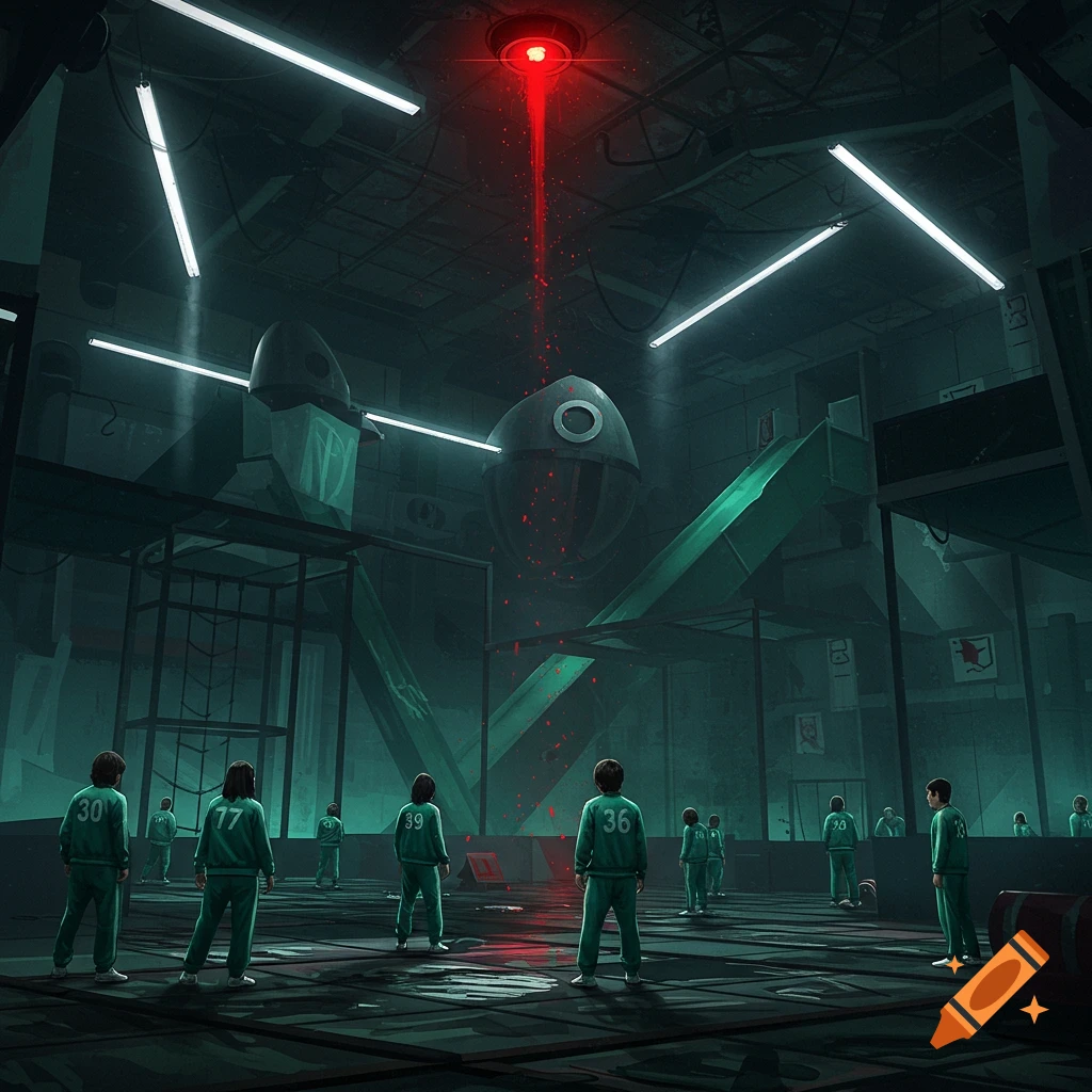 Players in green tracksuits with numbers on their backs stand in a dark, industrial arena under a red laser, like Squid Game.