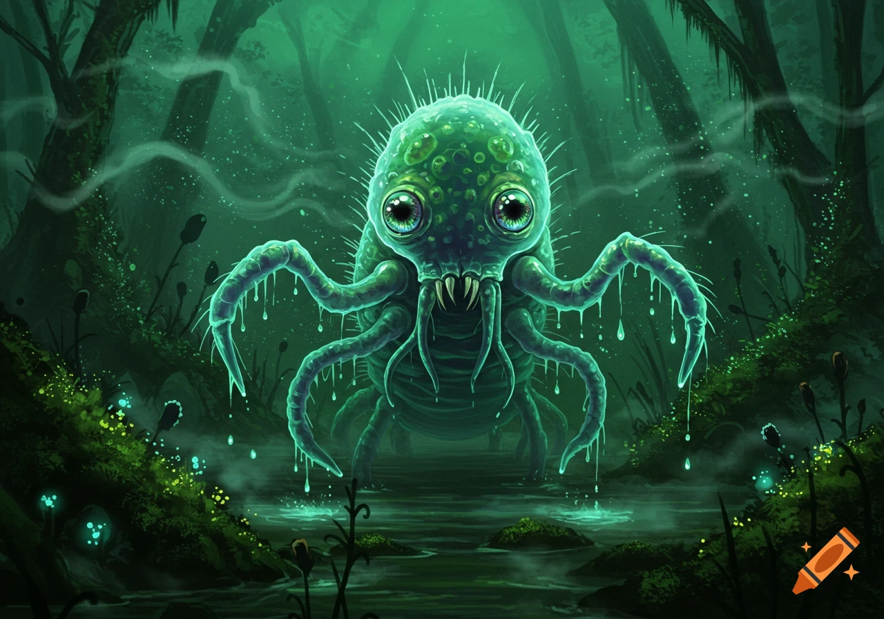 A vibrant green, multi-eyed monster with numerous tentacles stands in a dark, glowing swamp or forest, illustrated in a fantasy style.
