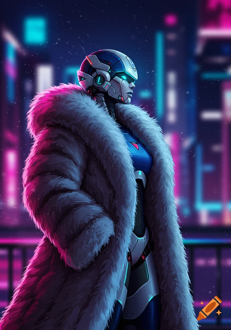 A futuristic female robot in a lavish fur coat stands in a neon-lit cyberpunk city at night, looking left.