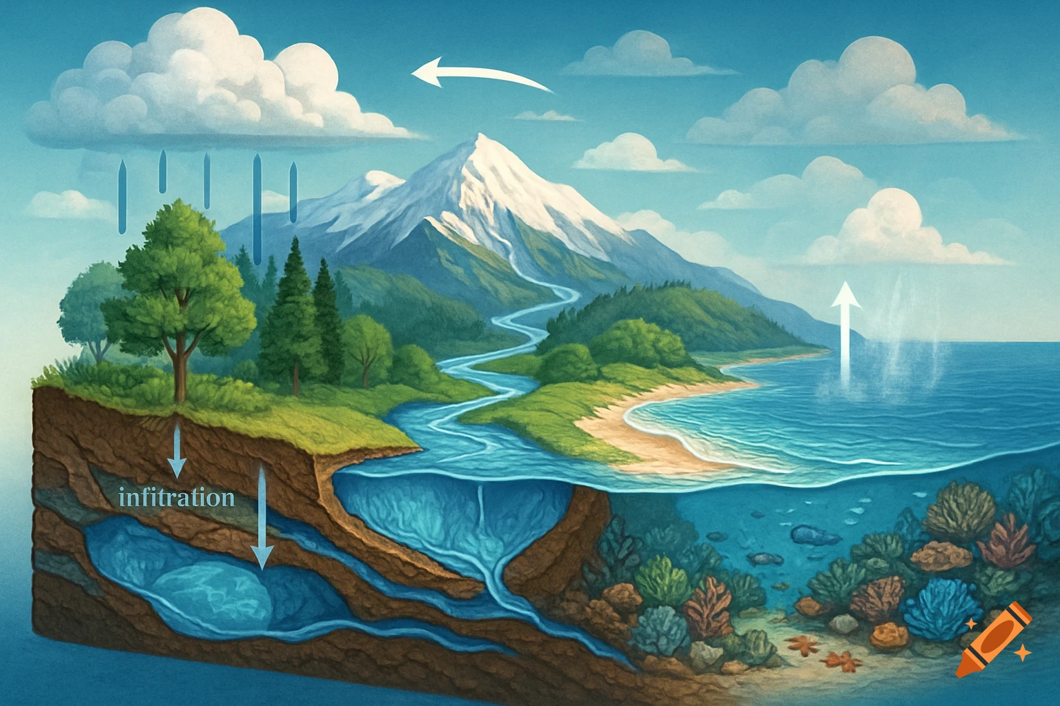 Illustrated cross-section diagram of the water cycle, showing mountains, river, ocean, underground water, rainfall, and evaporation.