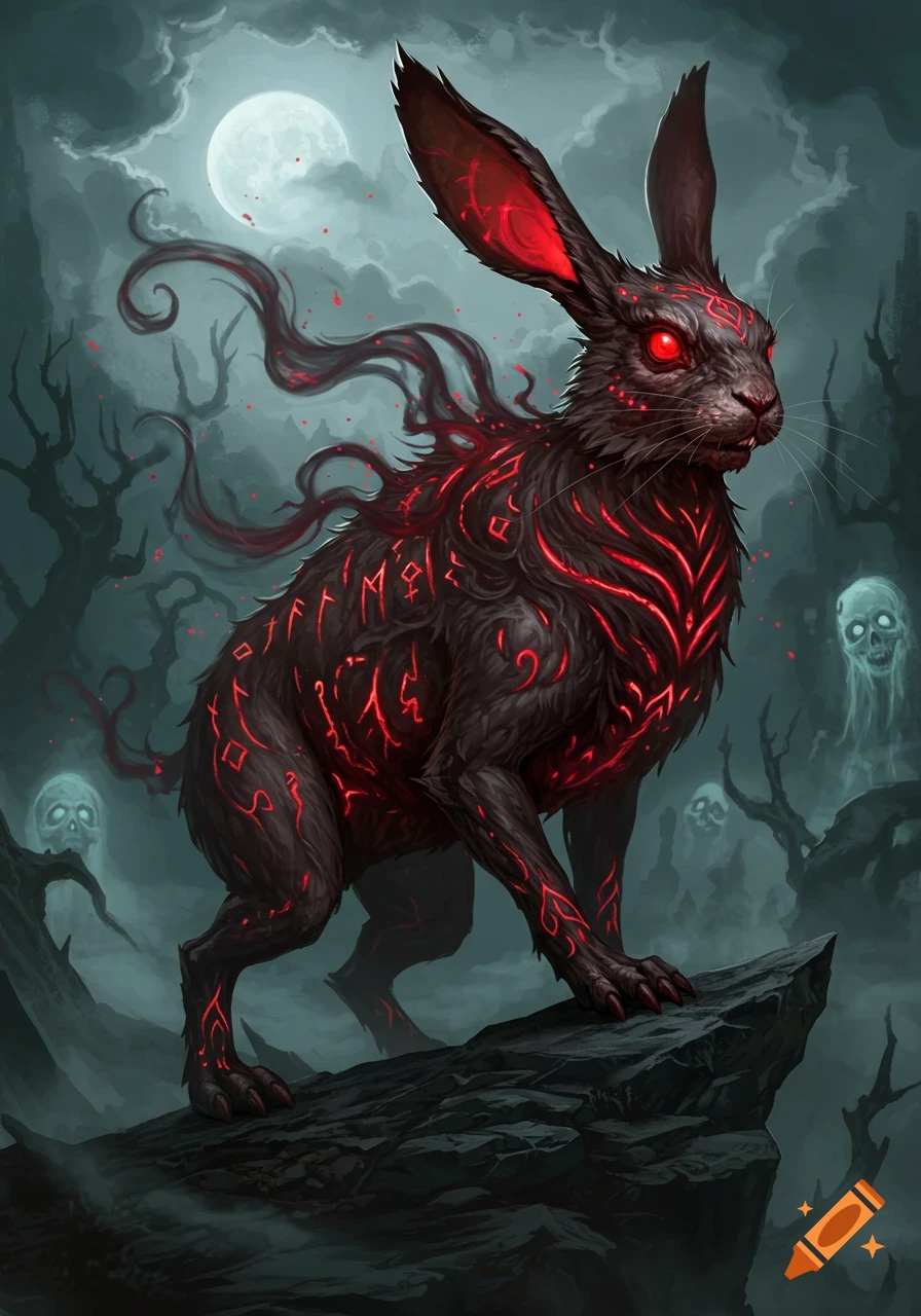 A demonic rabbit with glowing red eyes and red runic symbols on its black fur stands on a rock under a full moon, in a dark, misty forest with floating skulls, in a Magic: The Gathering art style.