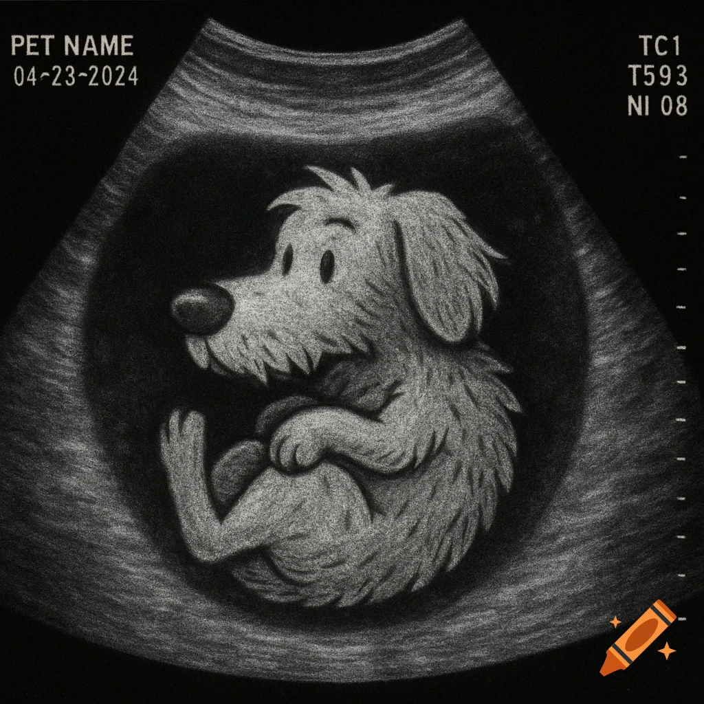 A black and white ultrasound scan shows a cartoonish, fluffy dog fetus curled up, with medical text in the corners.
