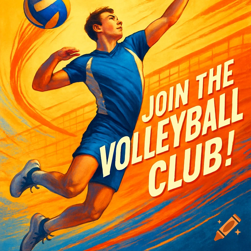 Illustrated poster of a male volleyball player serving a ball, with text "JOIN THE VOLLEYBALL CLUB!" against an orange and blue background.