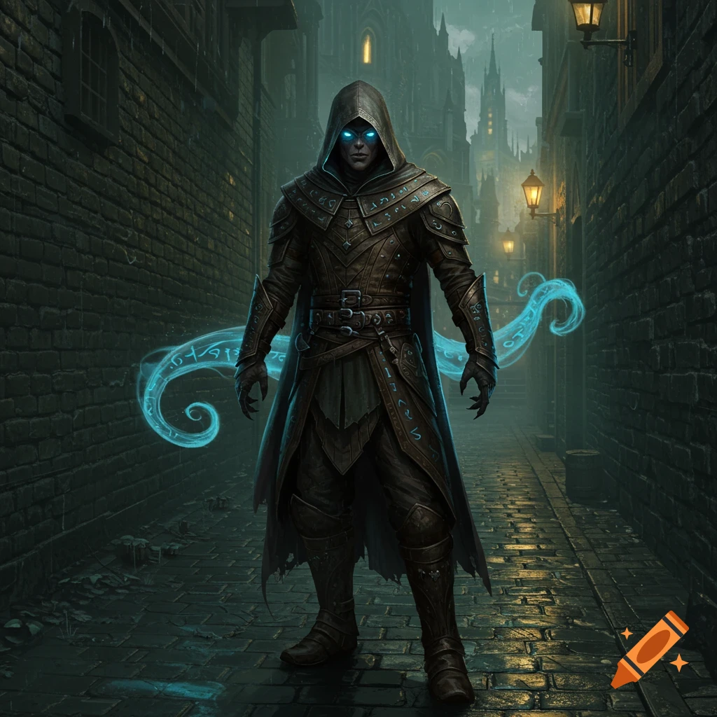 A hooded rogue in ornate leather armor with glowing blue eyes and mystical aura stands in a dark, rainy alleyway in a gothic city.