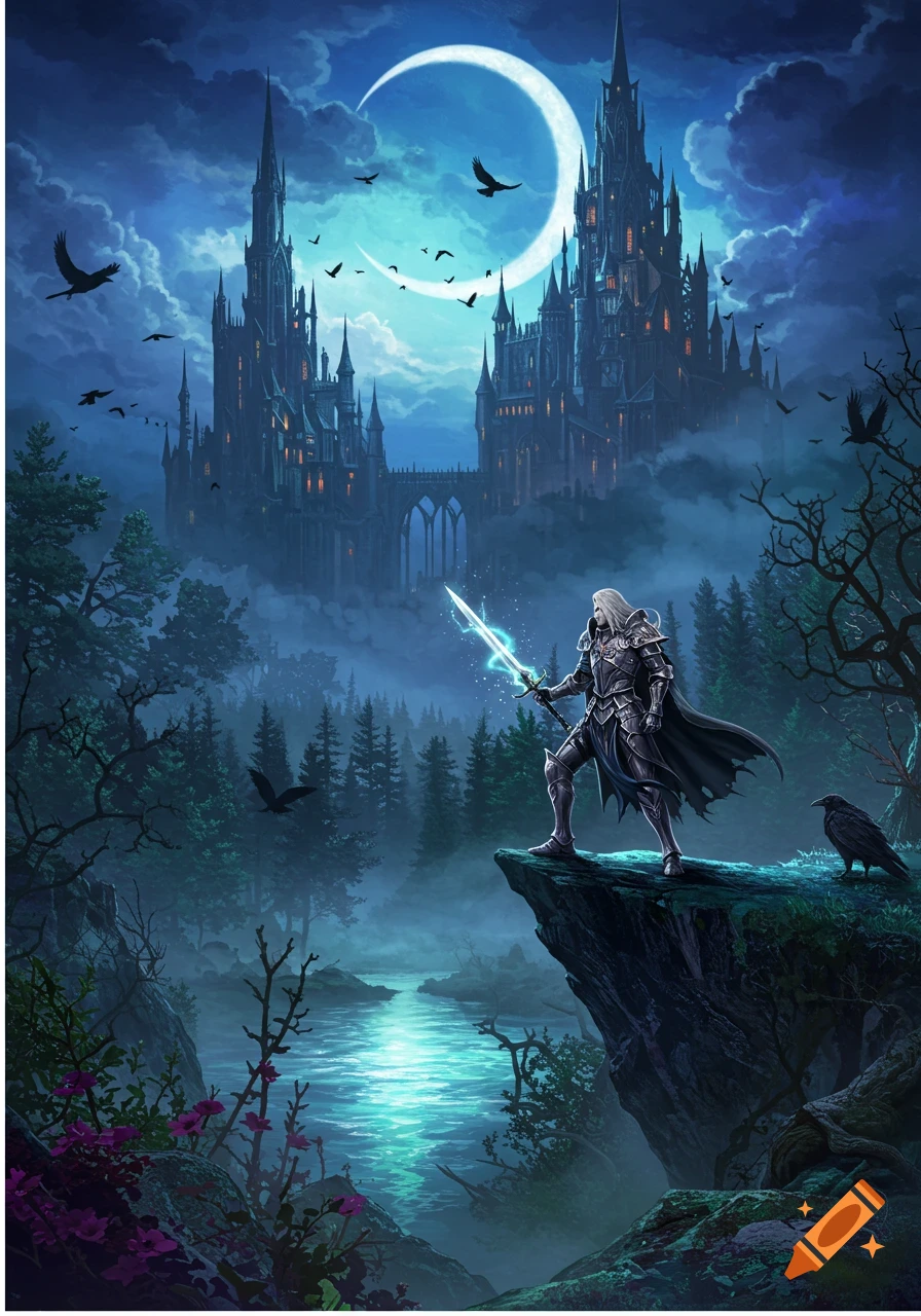 A knight in armor with a glowing sword stands on a cliff overlooking a misty river and a gothic castle under a crescent moon.