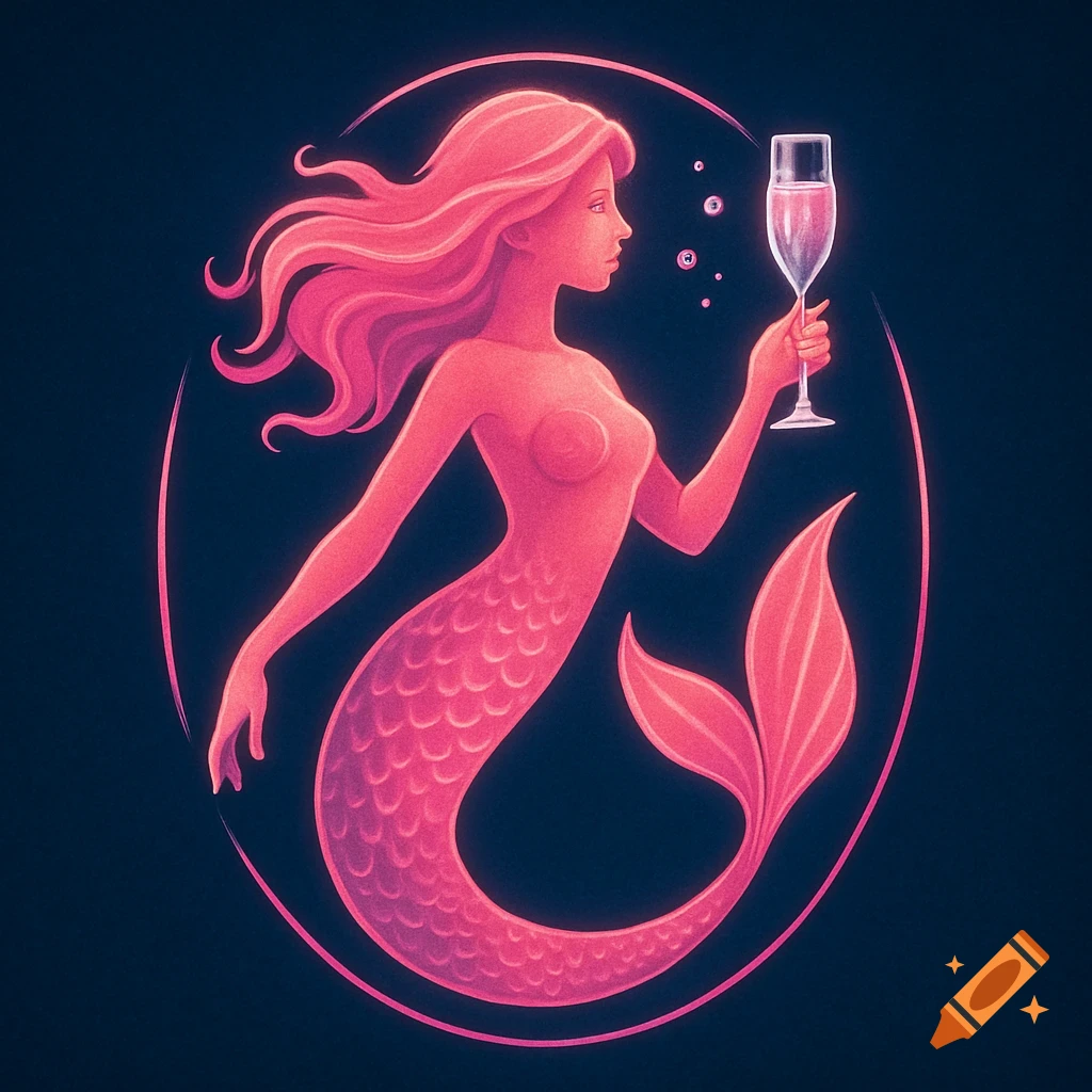 Neon pink mermaid logo holding a champagne flute, enclosed in an oval border.