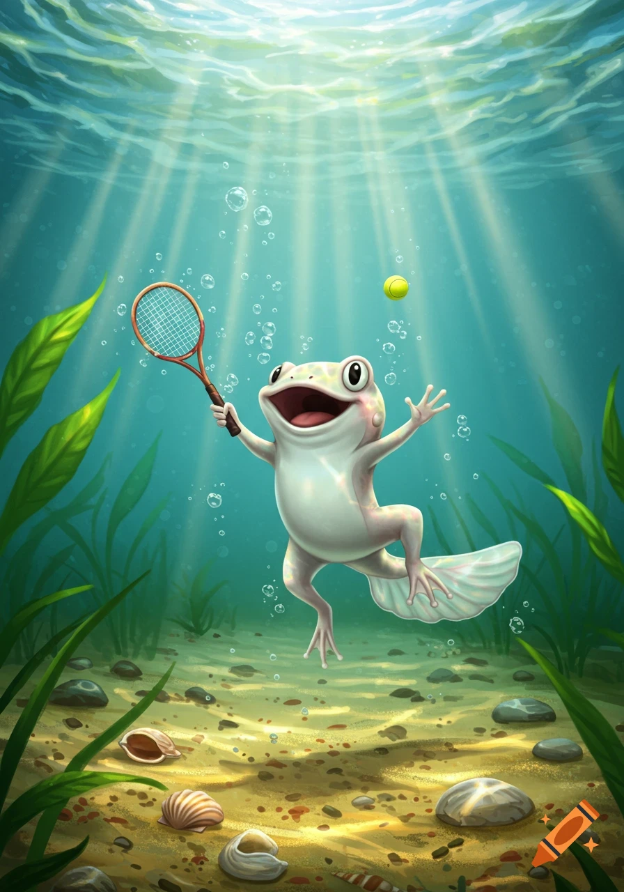 A whimsical illustration of a happy white tadpole-like frog playing tennis underwater, with sunbeams, plants, and shells.