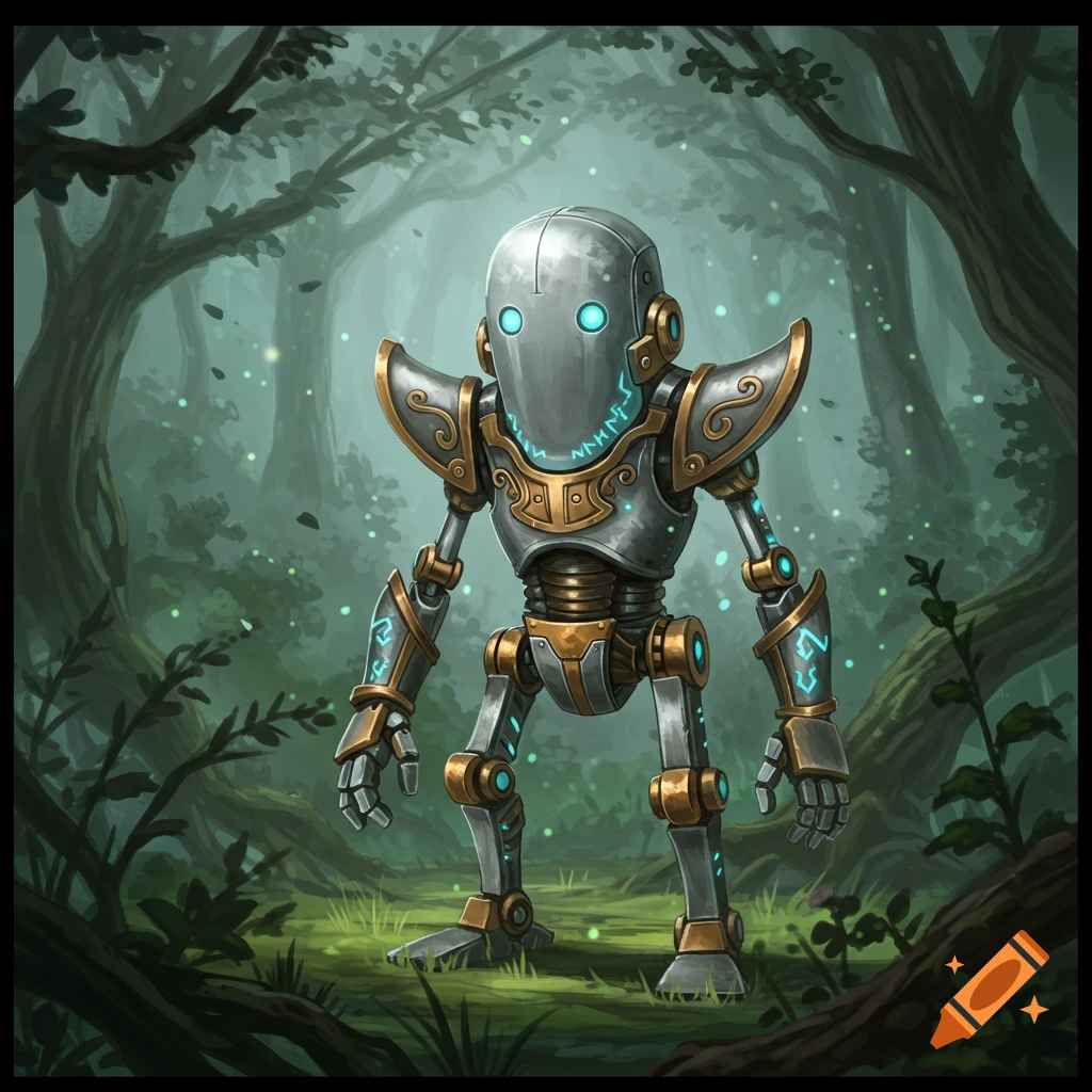 A detailed illustration of a metallic autognome robot with glowing blue eyes and runic patterns, standing in a magical forest.