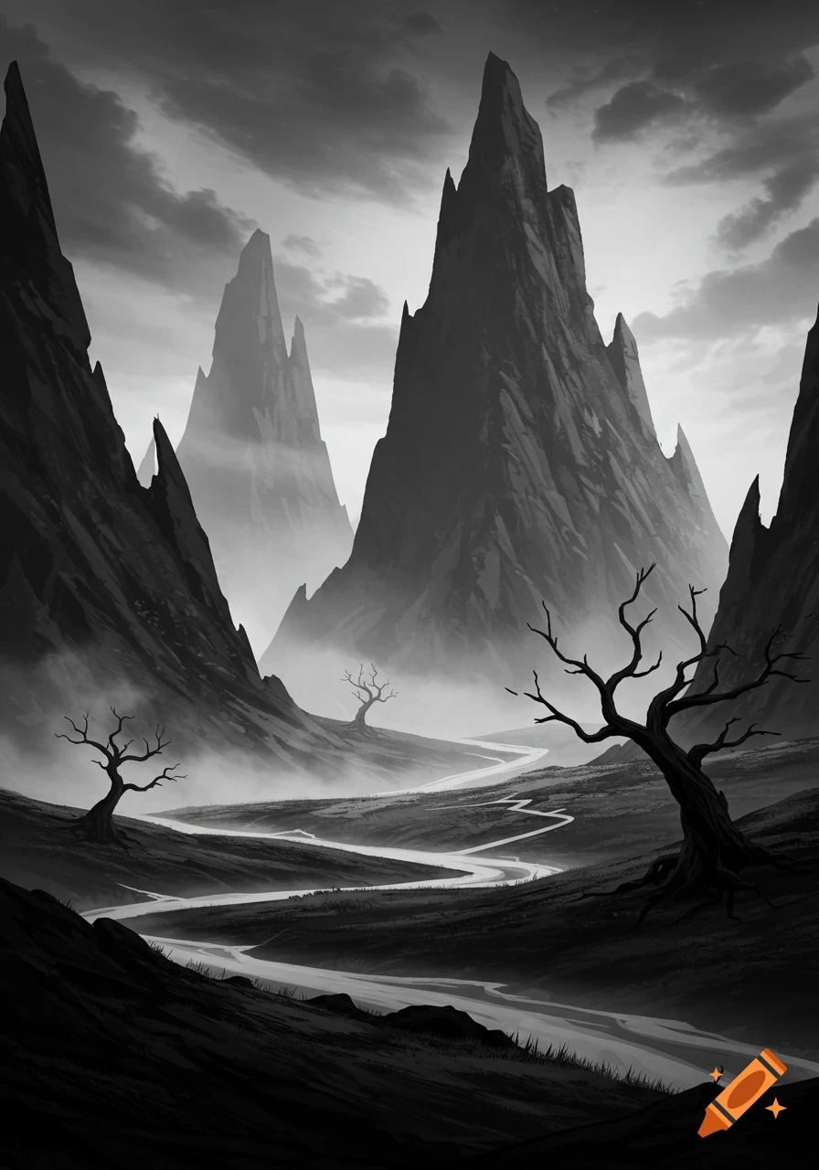 A dramatic monochrome landscape painting of jagged mountains, a winding river, and barren trees under a cloudy sky.