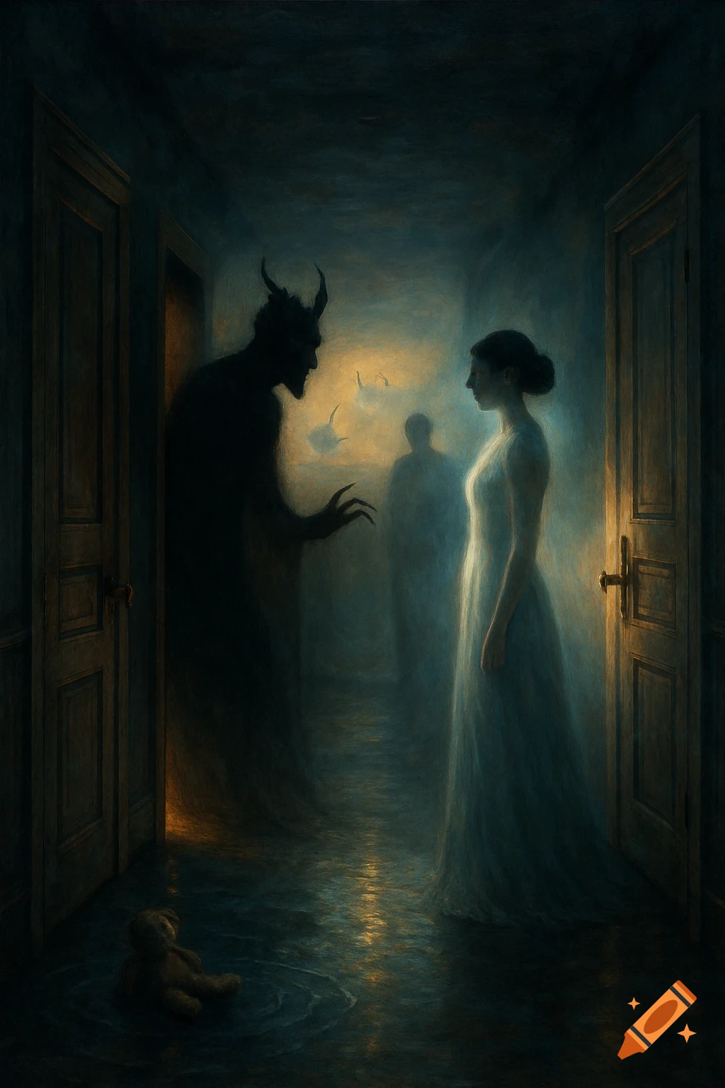 A shadowy horned demon confronts a glowing woman in a dark, flooded hallway with a teddy bear on the floor, in a painterly horror style.