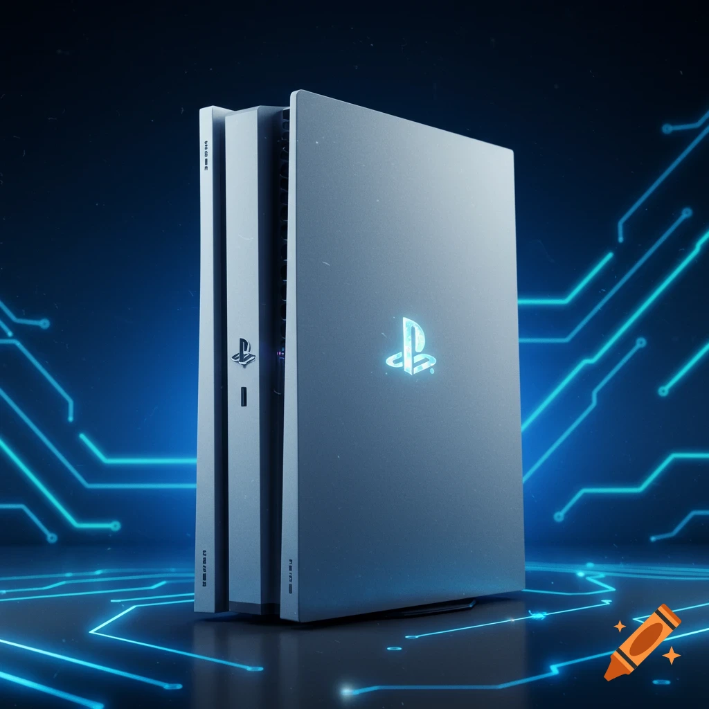 A futuristic, silver PlayStation-like console with a glowing blue logo rests on a reflective surface with neon circuit patterns.