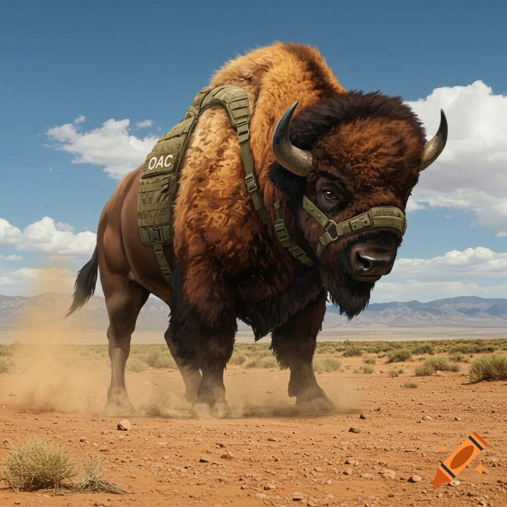 Photorealistic bison wearing a tactical vest and muzzle in a dusty desert under a blue sky.