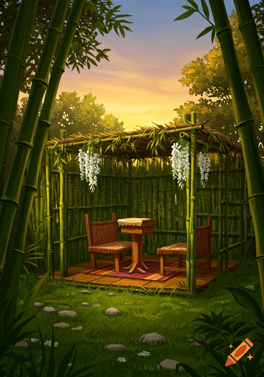 An illustration of a bamboo hut with a small table and two chairs in a lush green garden at sunset.