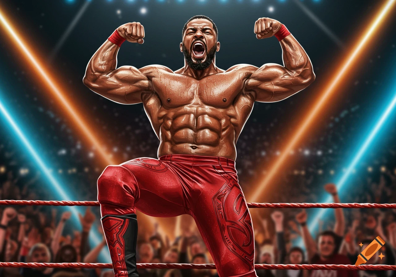 Muscular male wrestler flexing in a ring under bright spotlights with a cheering crowd.
