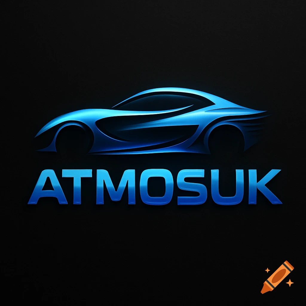 A sleek blue stylized car logo with the word ATMOSUK underneath, set against a dark background.
