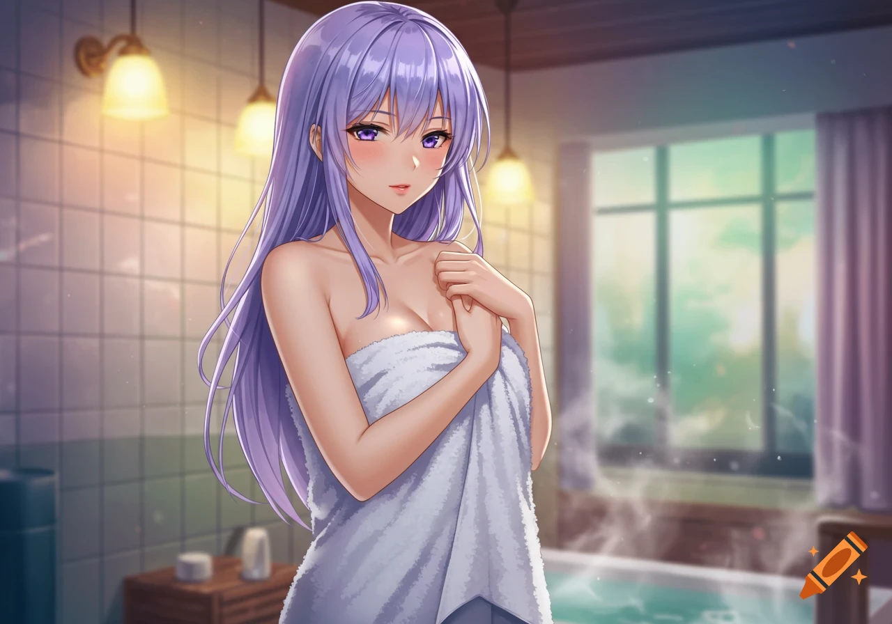 An anime woman with long purple hair, wrapped in a white towel, stands in a steamy bathroom.