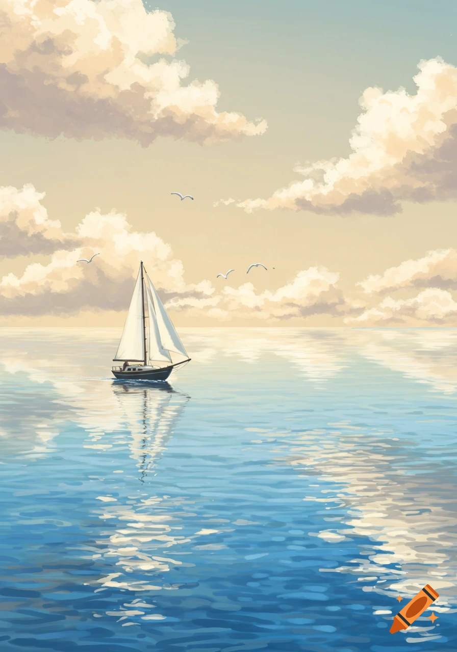 Illustrated sailboat on a calm blue sea under a cloudy sky with birds flying.