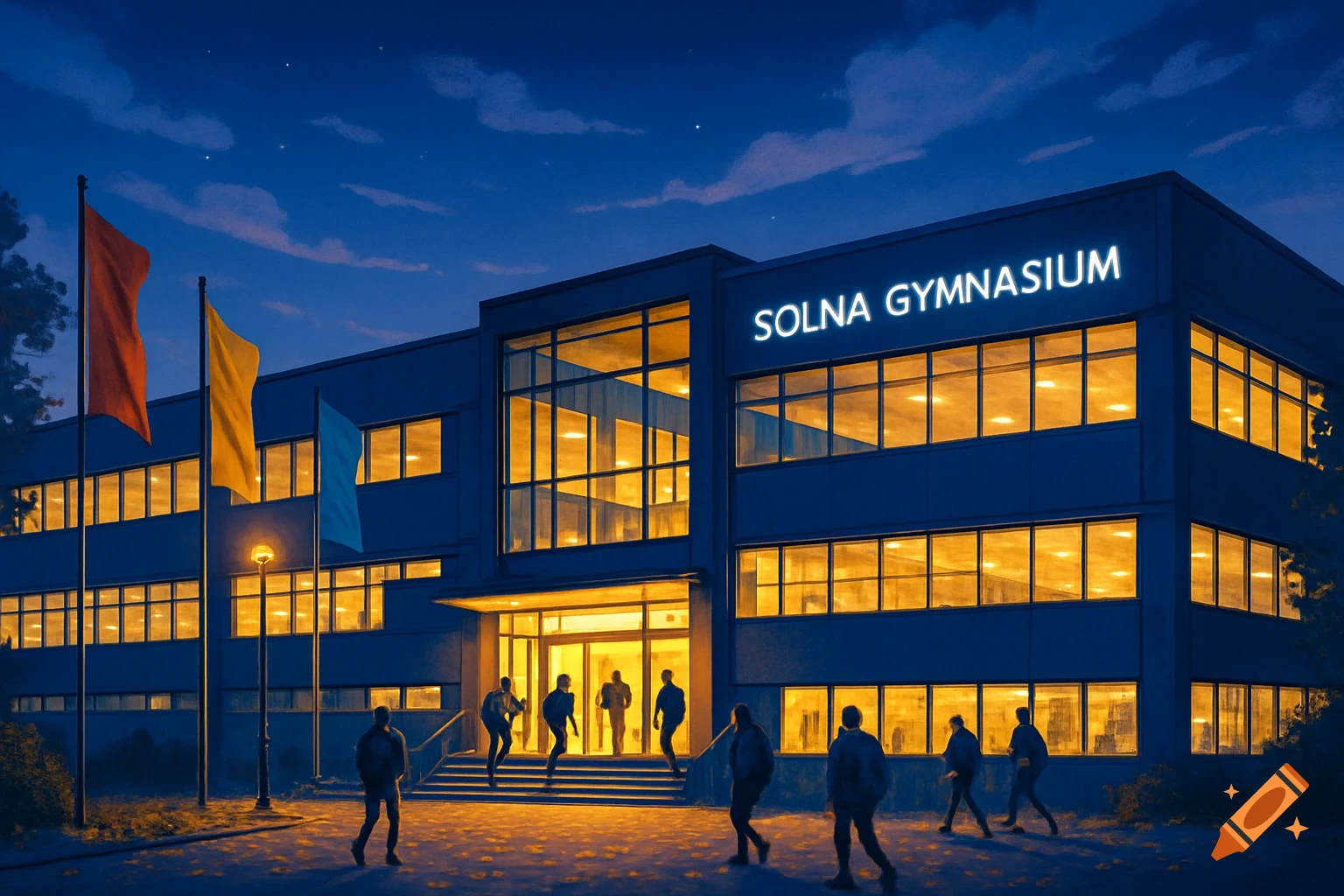 A modern gymnasium building with "SOLNA GYMNASIUM" text illuminated at night, with people entering and leaving.