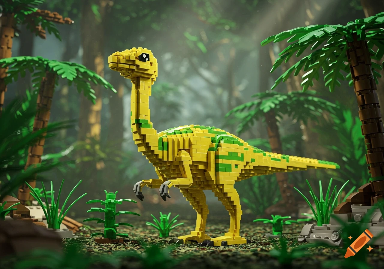 A yellow and green Lego Gallimimus dinosaur stands in a lush, misty jungle setting.
