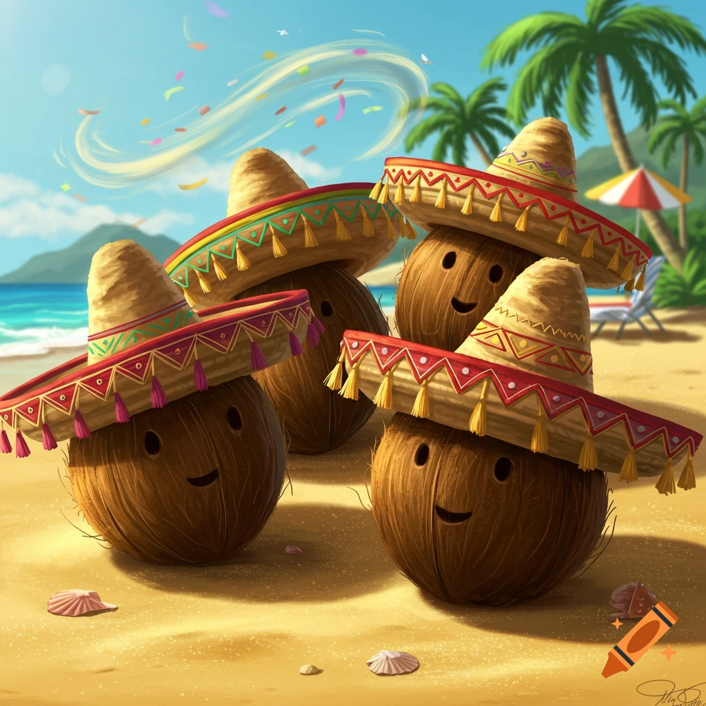 Four smiling coconuts wearing colorful sombreros on a sunny tropical beach with palm trees.