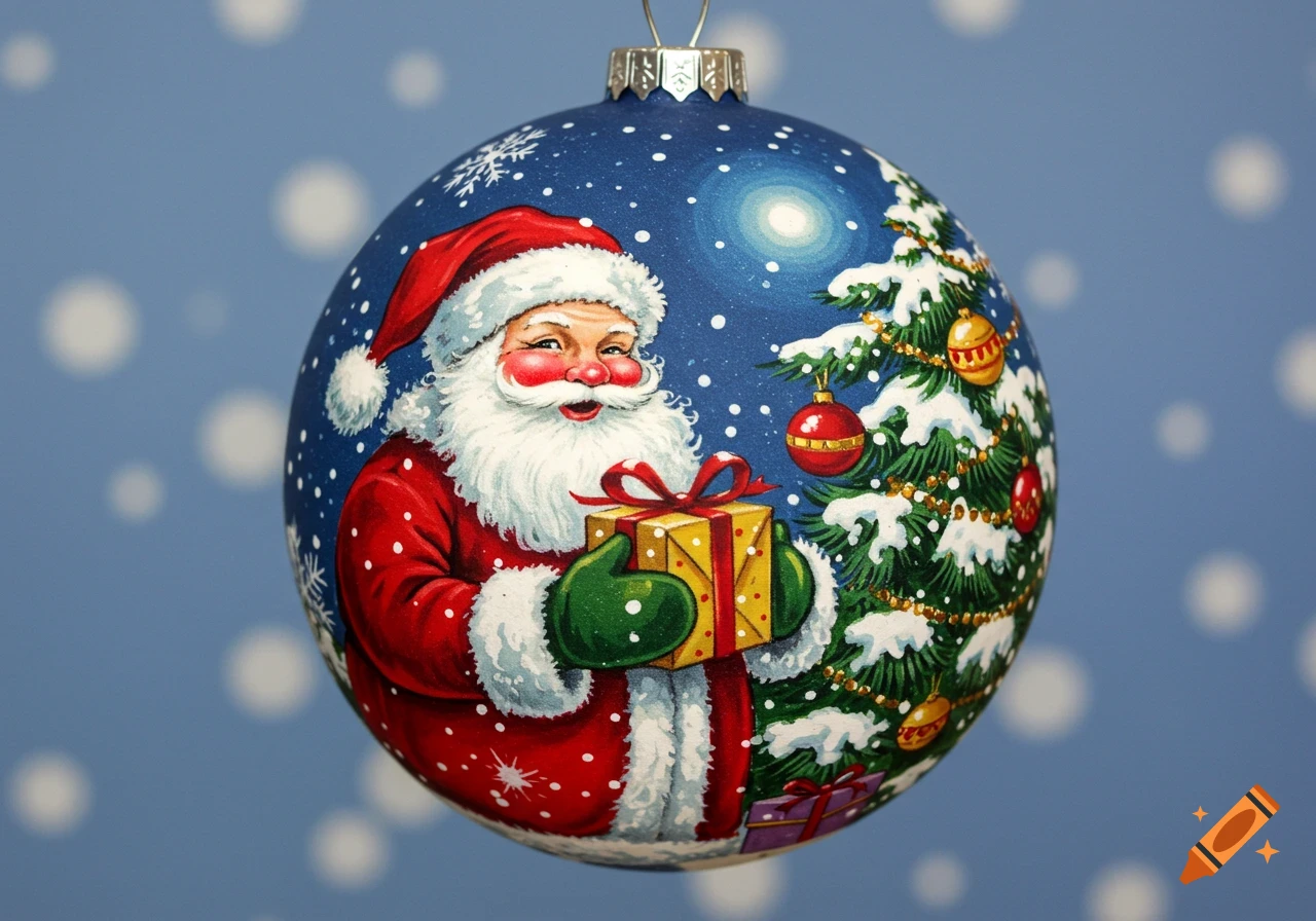 A blue Christmas ornament depicting Santa Claus holding a gift next to a snowy Christmas tree.
