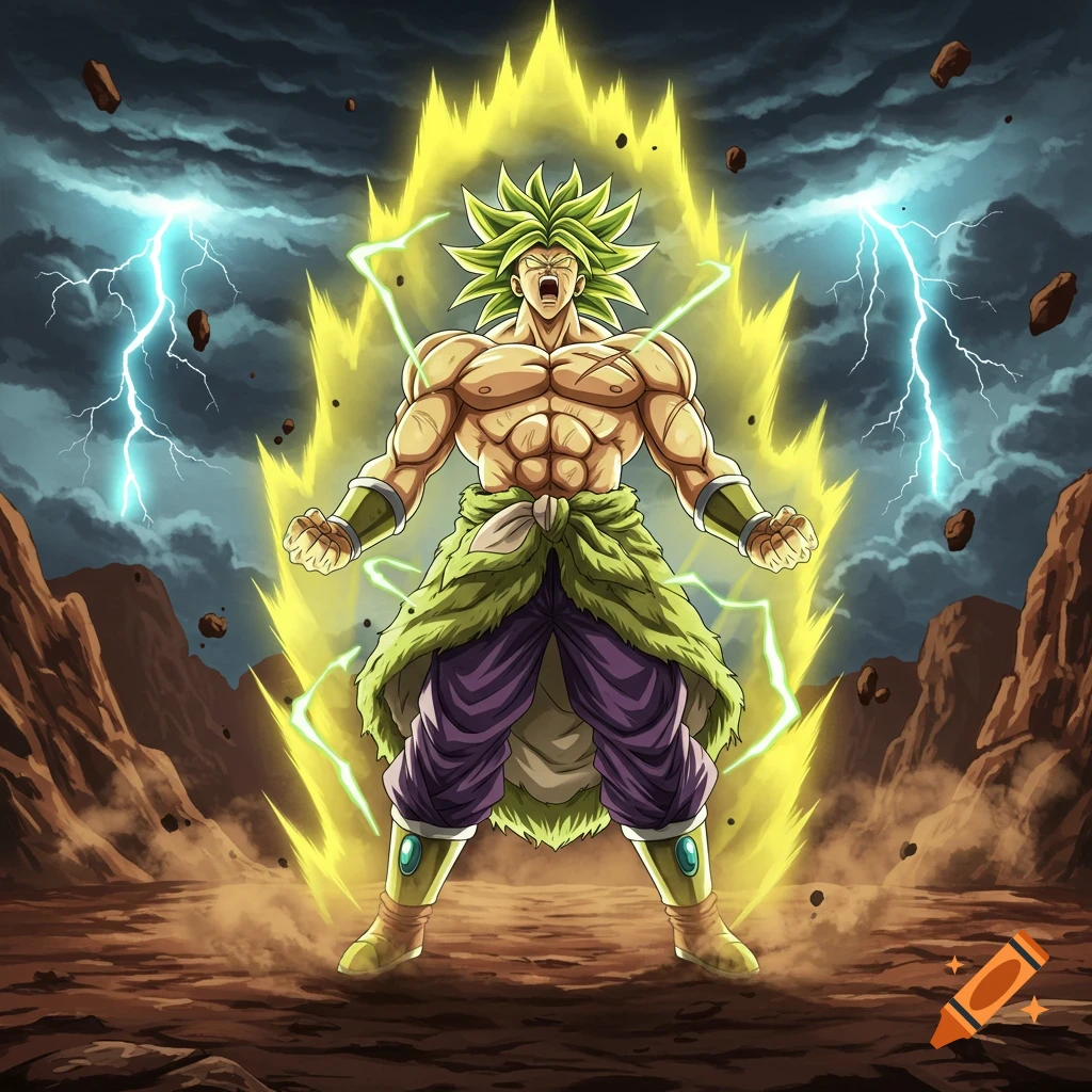 Broly from Dragon Ball Super, powering up with a green-yellow aura in a rocky landscape under a stormy sky.
