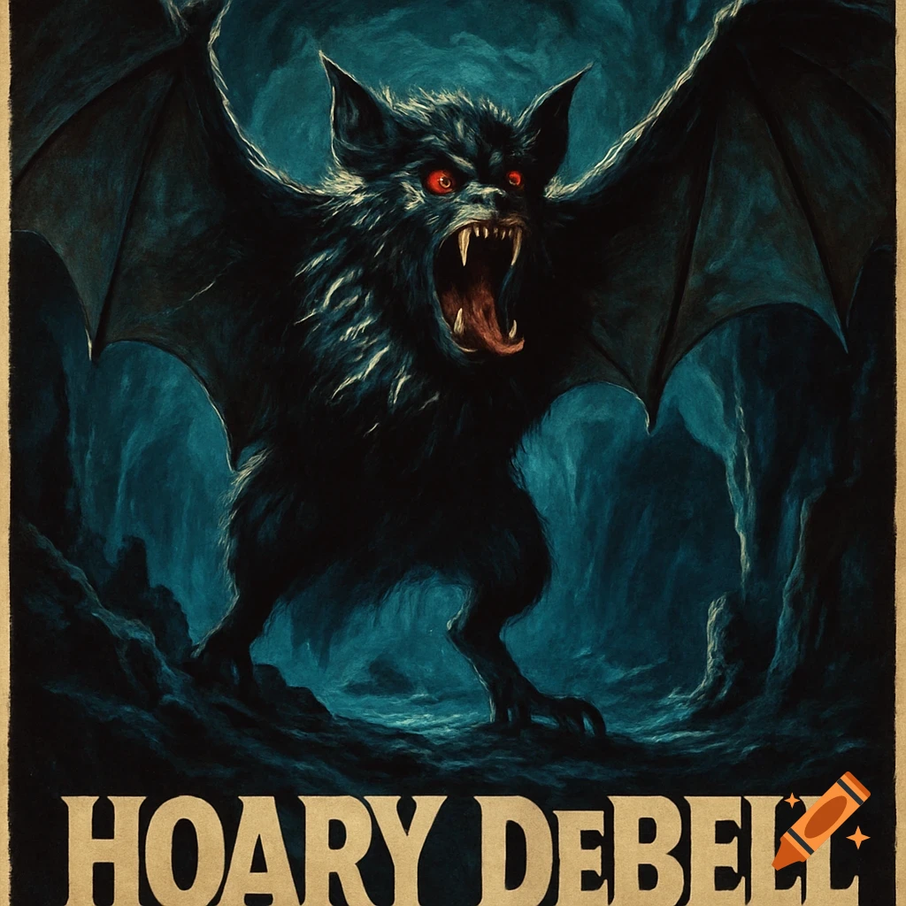 1970s style movie poster with a black, furry bat creature, red eyes, fangs, in a dark blue cave. Title: HOARY DEBELL.