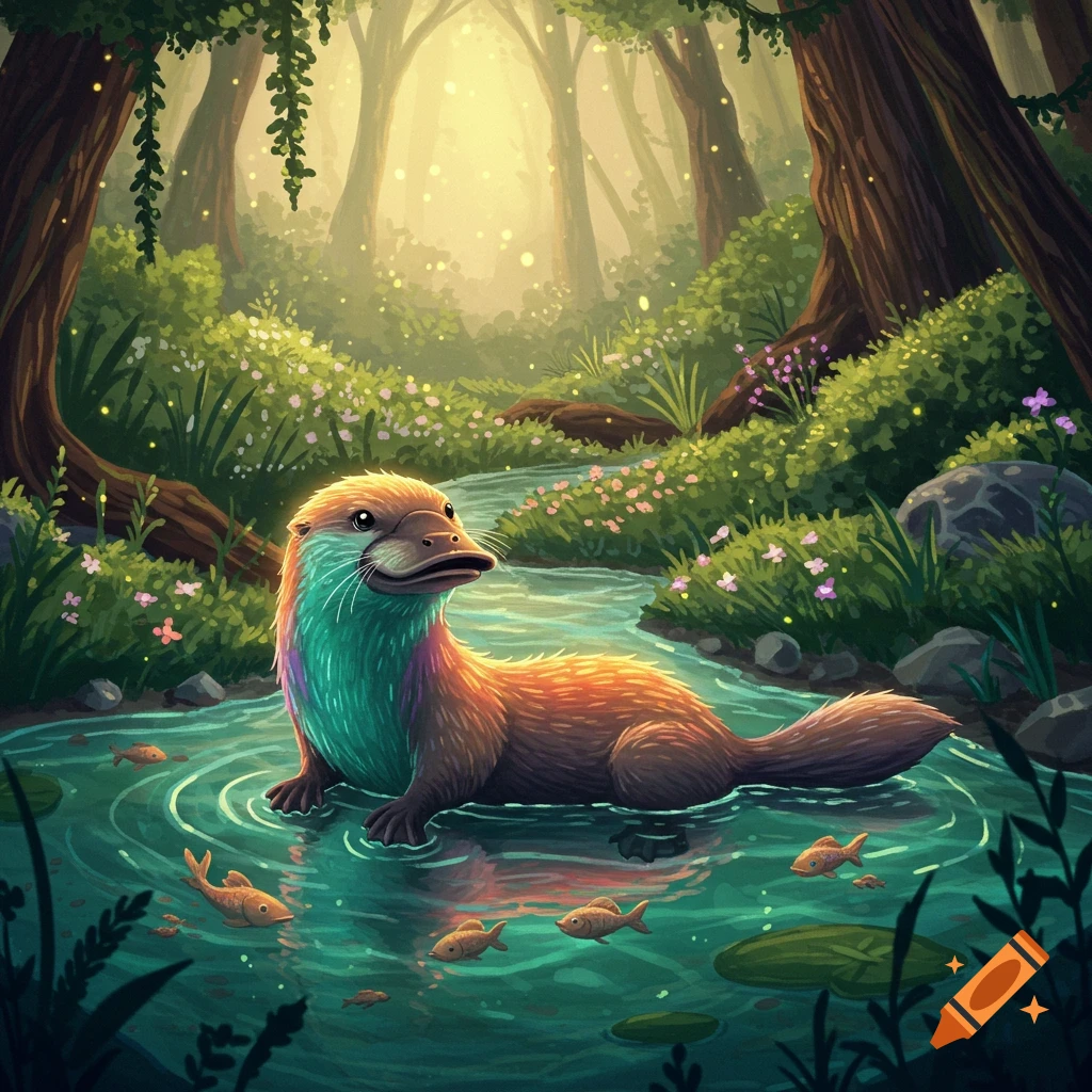 A vibrant illustrated Plotterpuss (otter-platypus hybrid) sits in a sunlit forest stream, surrounded by small fish.