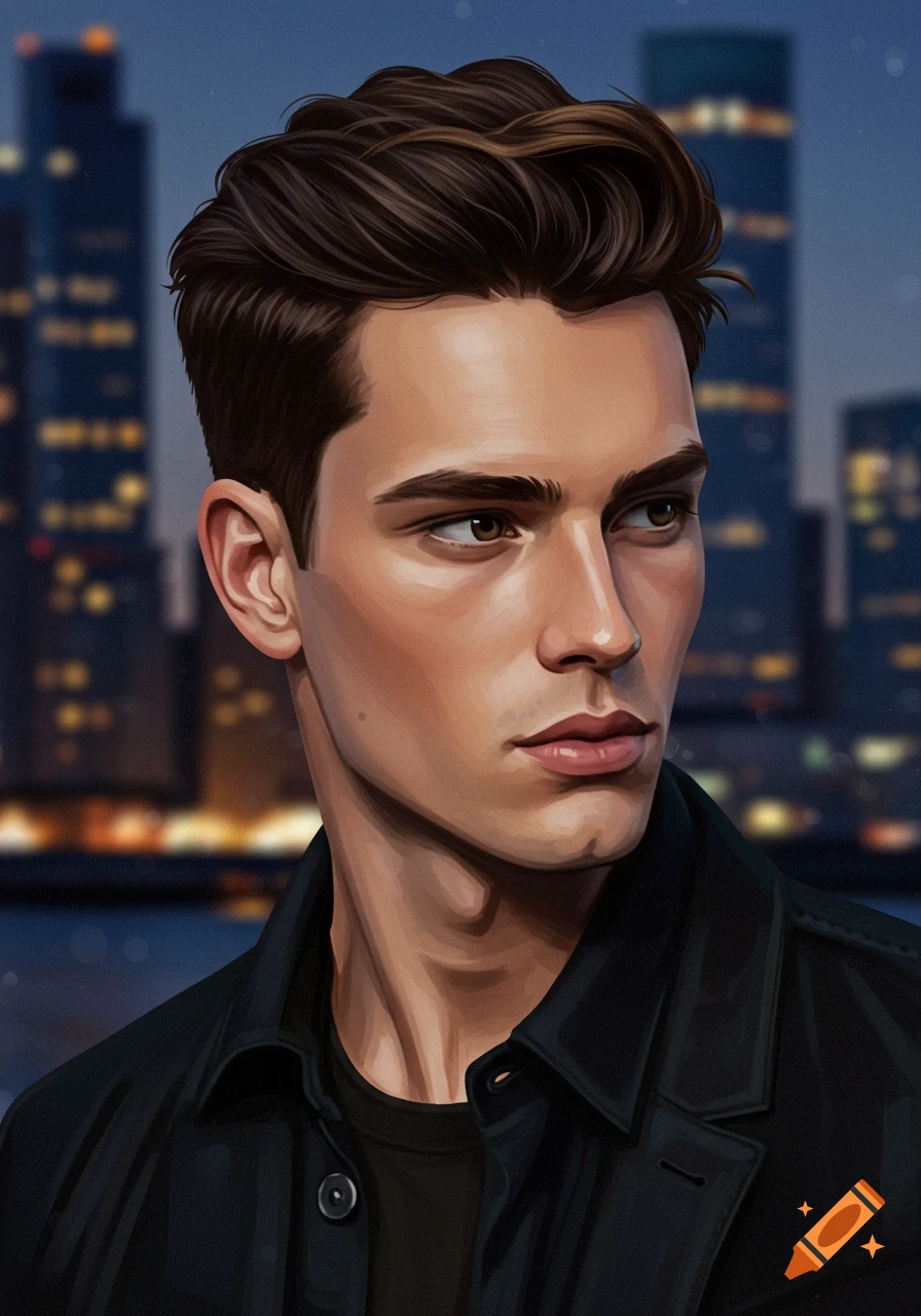 Digital art portrait of a young man with dark brown styled hair and a black jacket, against a blurred city skyline at night.