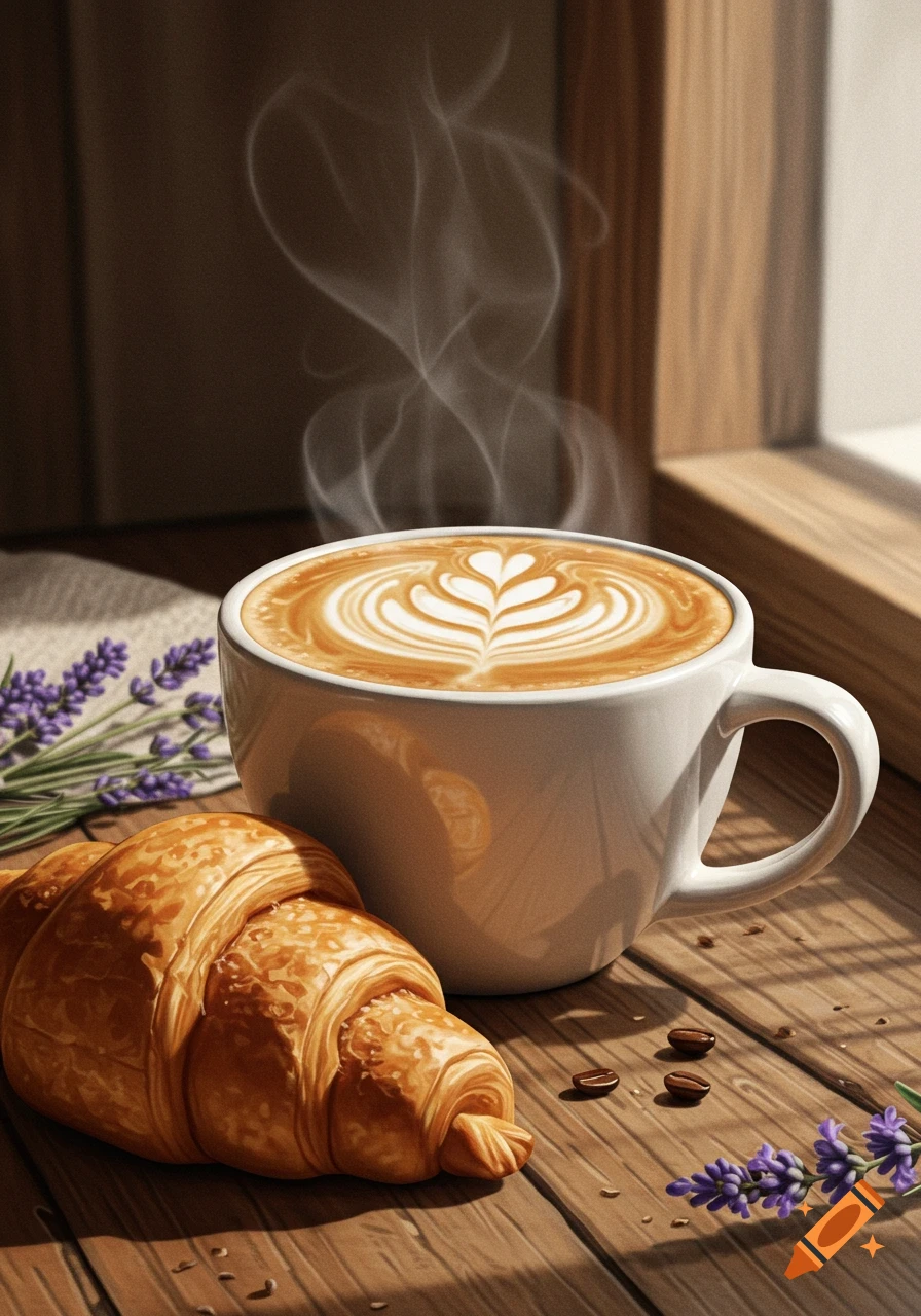 A photorealistic image of a steaming cup of cappuccino with latte art, a golden croissant, lavender, and coffee beans on a wooden table.