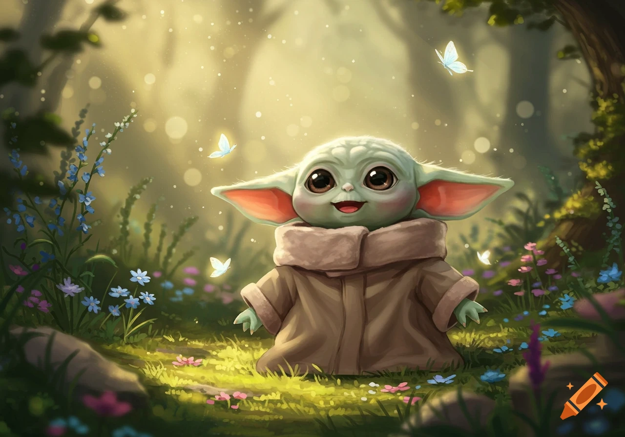 Chibi Baby Yoda, also known as Grogu, smiles while sitting in a magical forest filled with small flowers and glowing butterflies.