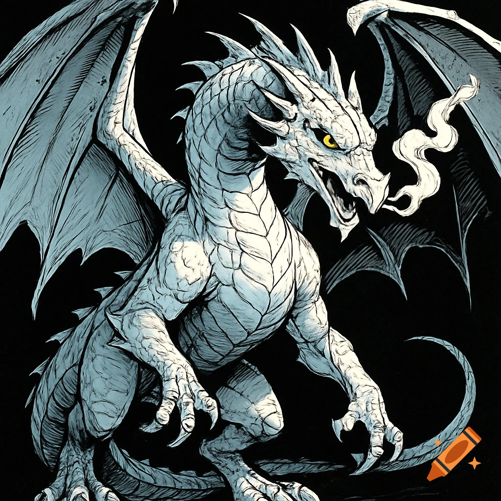 A white comic-style dragon with yellow eyes breathes smoke on a dark background.