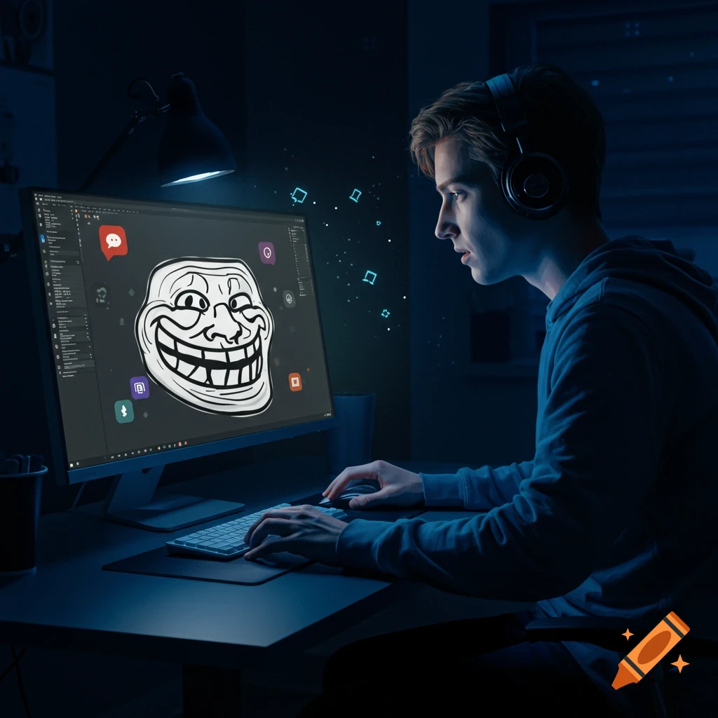 A person with headphones at a computer in a dark room, looking at a screen with a large troll face meme.