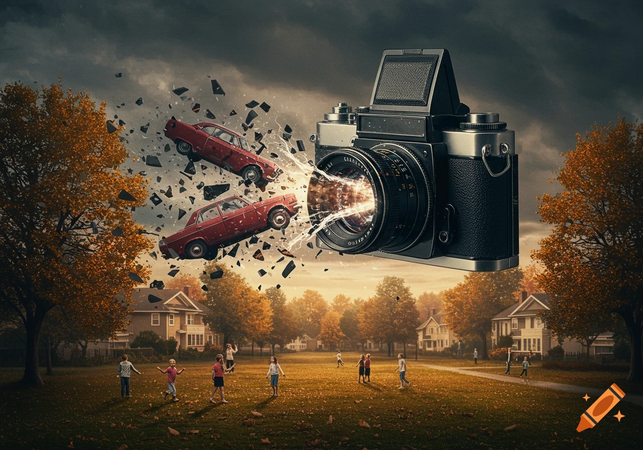 A giant vintage camera shoots out light and shatters two red cars above a suburban park where children play among autumn trees under a stormy sky.