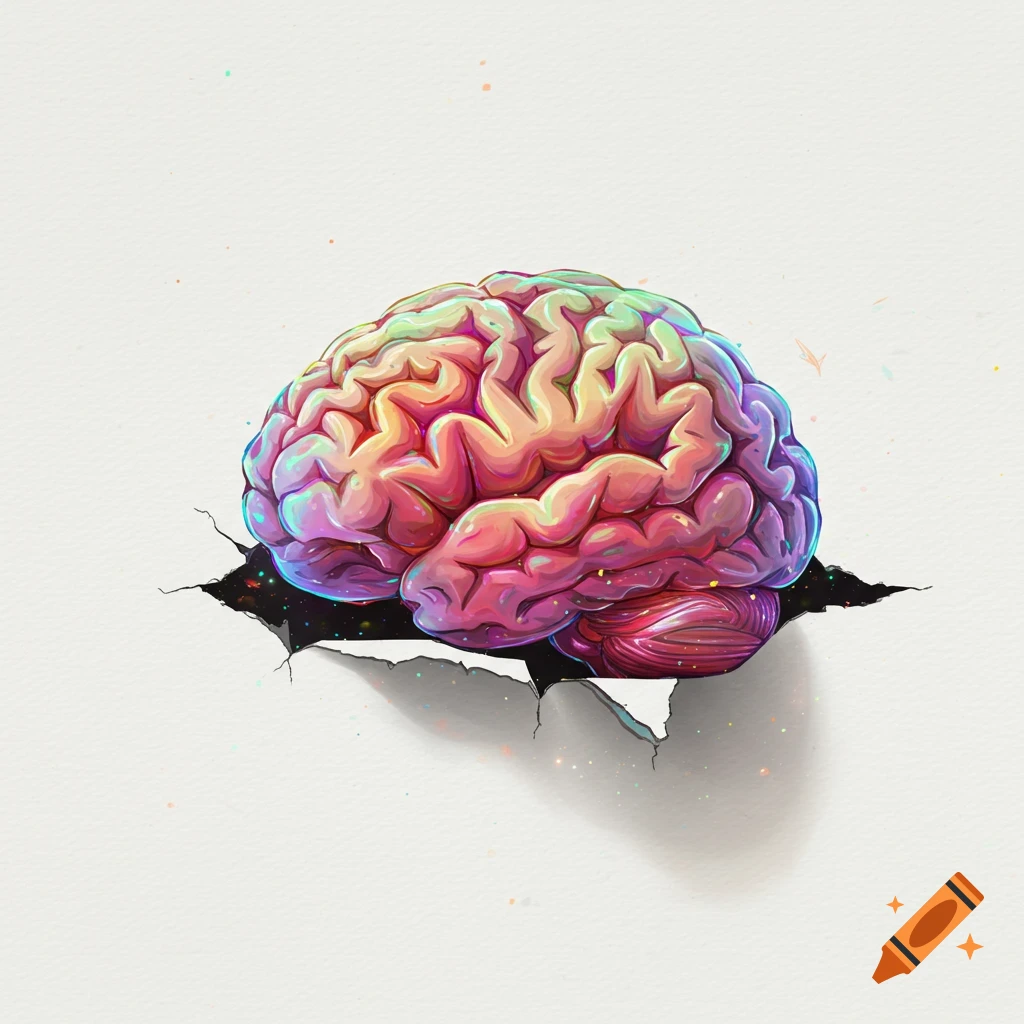 A vibrant, colorful brain pokes through a jagged crack in a white surface.