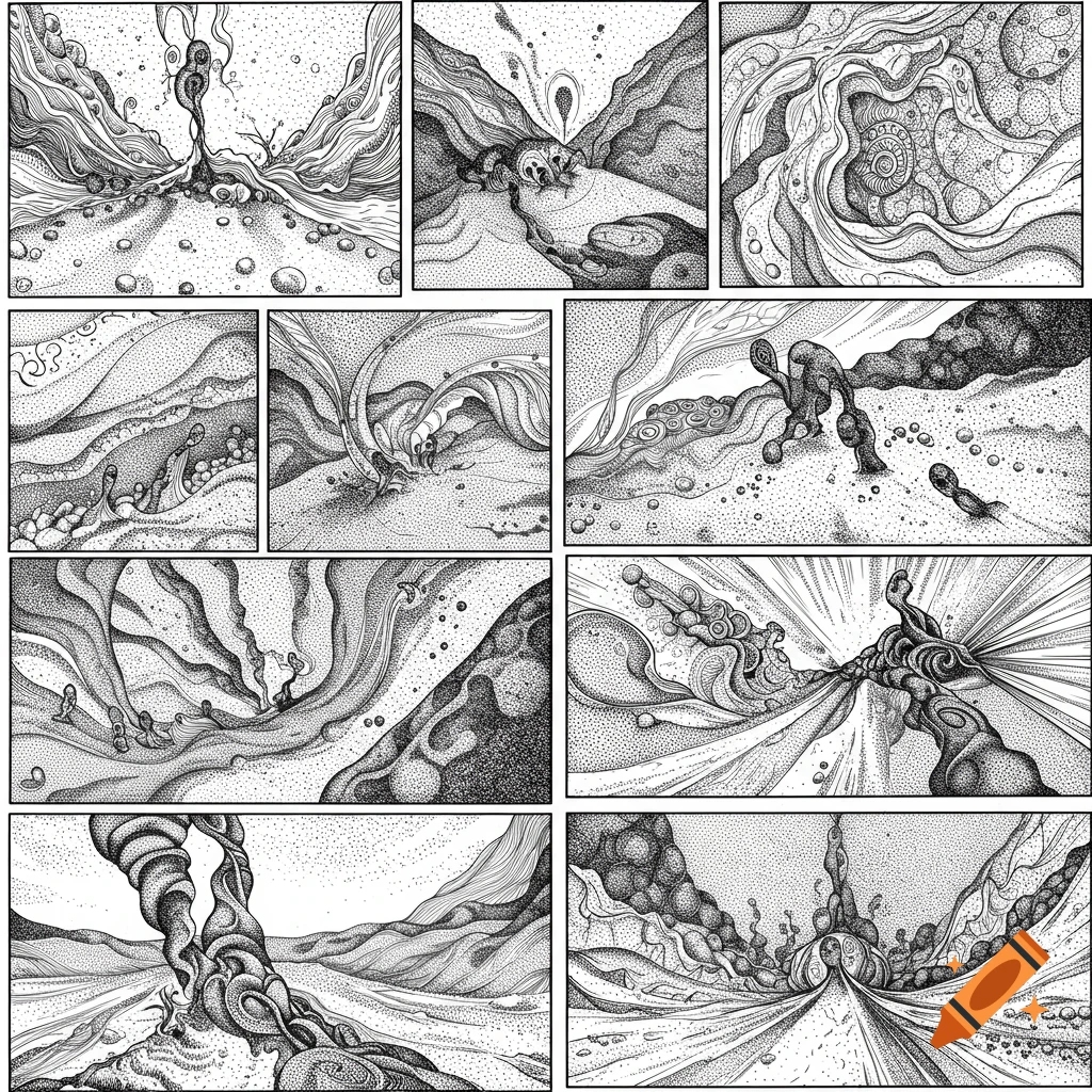 Black and white abstract comic panels created with stipple art, featuring organic forms and flowing lines made of dots.