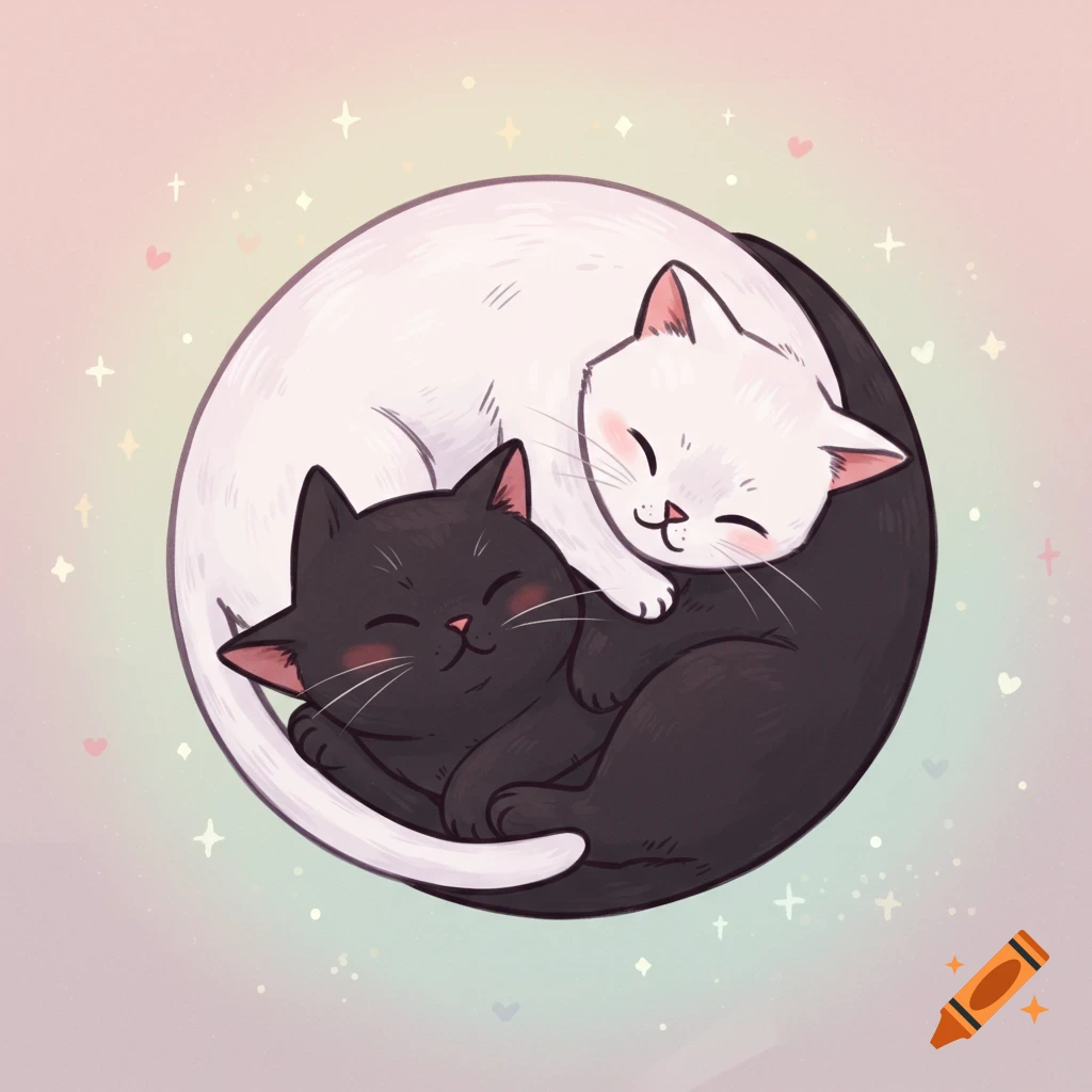 Cartoon illustration of a black cat and a white cat curled together in a yin-yang symbol on a pastel background.