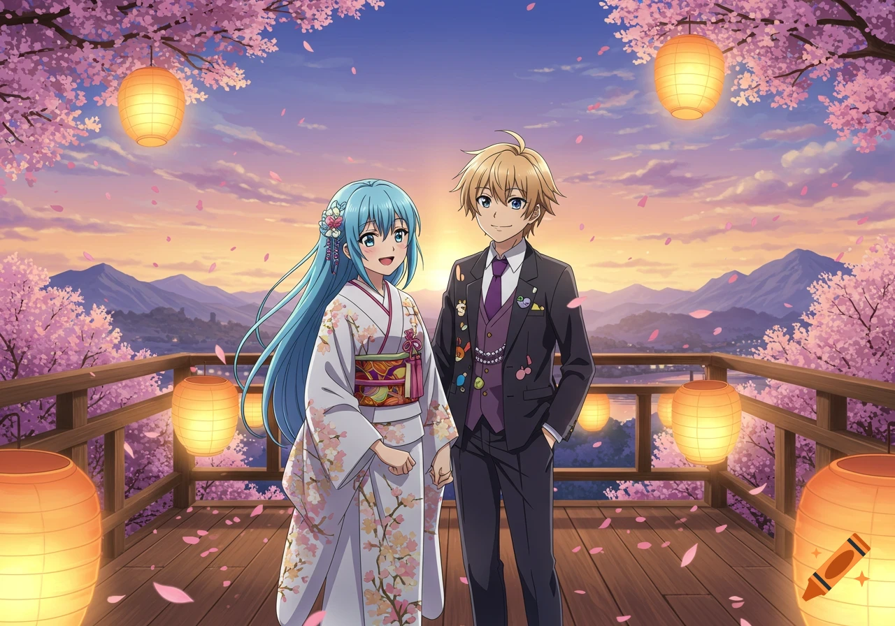 Anime boy and girl in formal attire on a cherry blossom balcony at sunset, surrounded by lanterns.